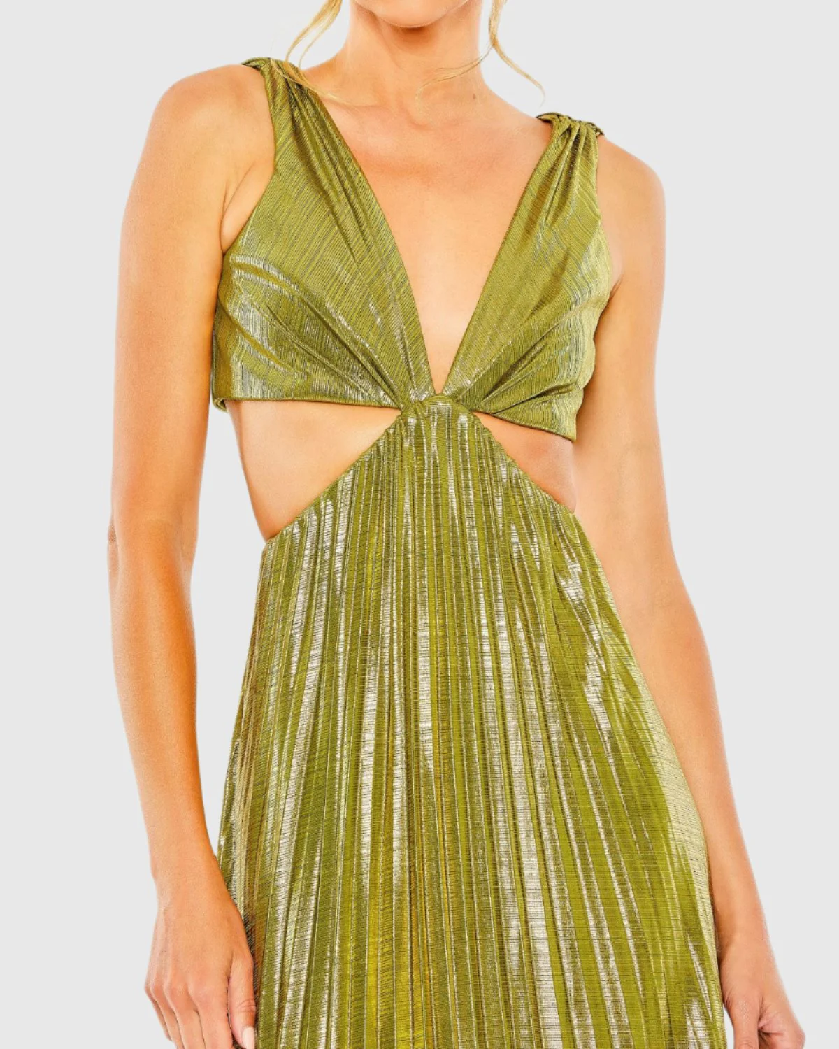 Green Pleated Metallic Cutout Gown