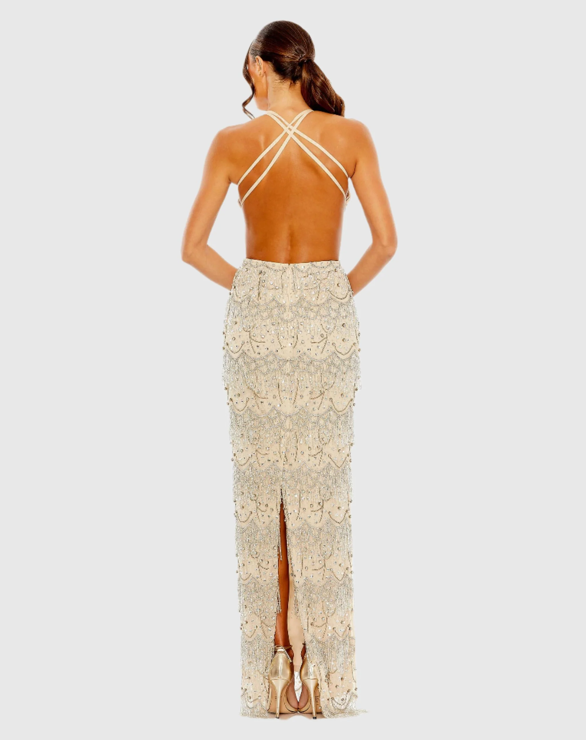 Beige Open Back Cut Out Fringe Embellished Gown