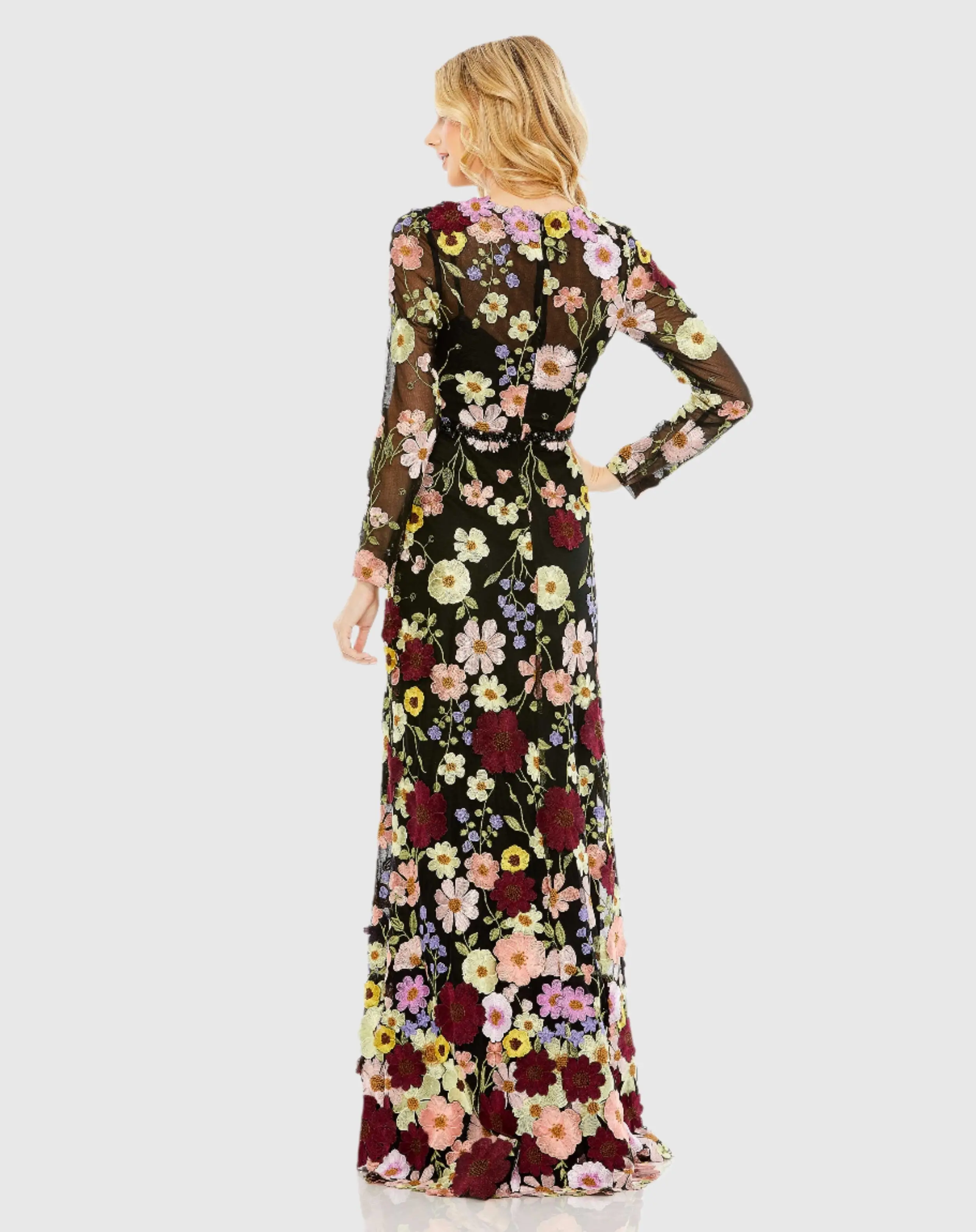 Embroidered Applique High Neck Long Sleeve Trumpet Gown - FINAL SALE