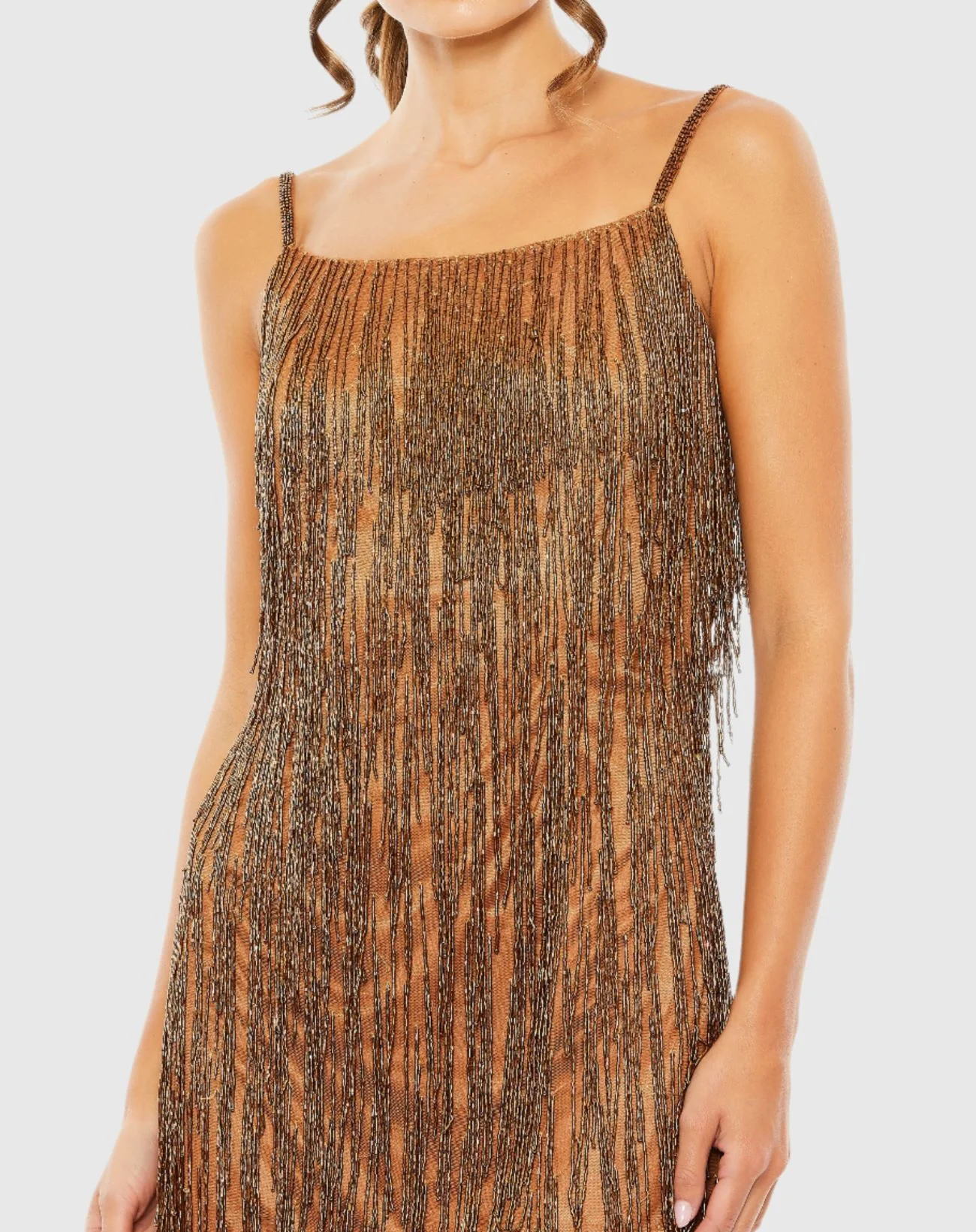 Brown Scoop Neck Embellished Beaded Fringe Dress