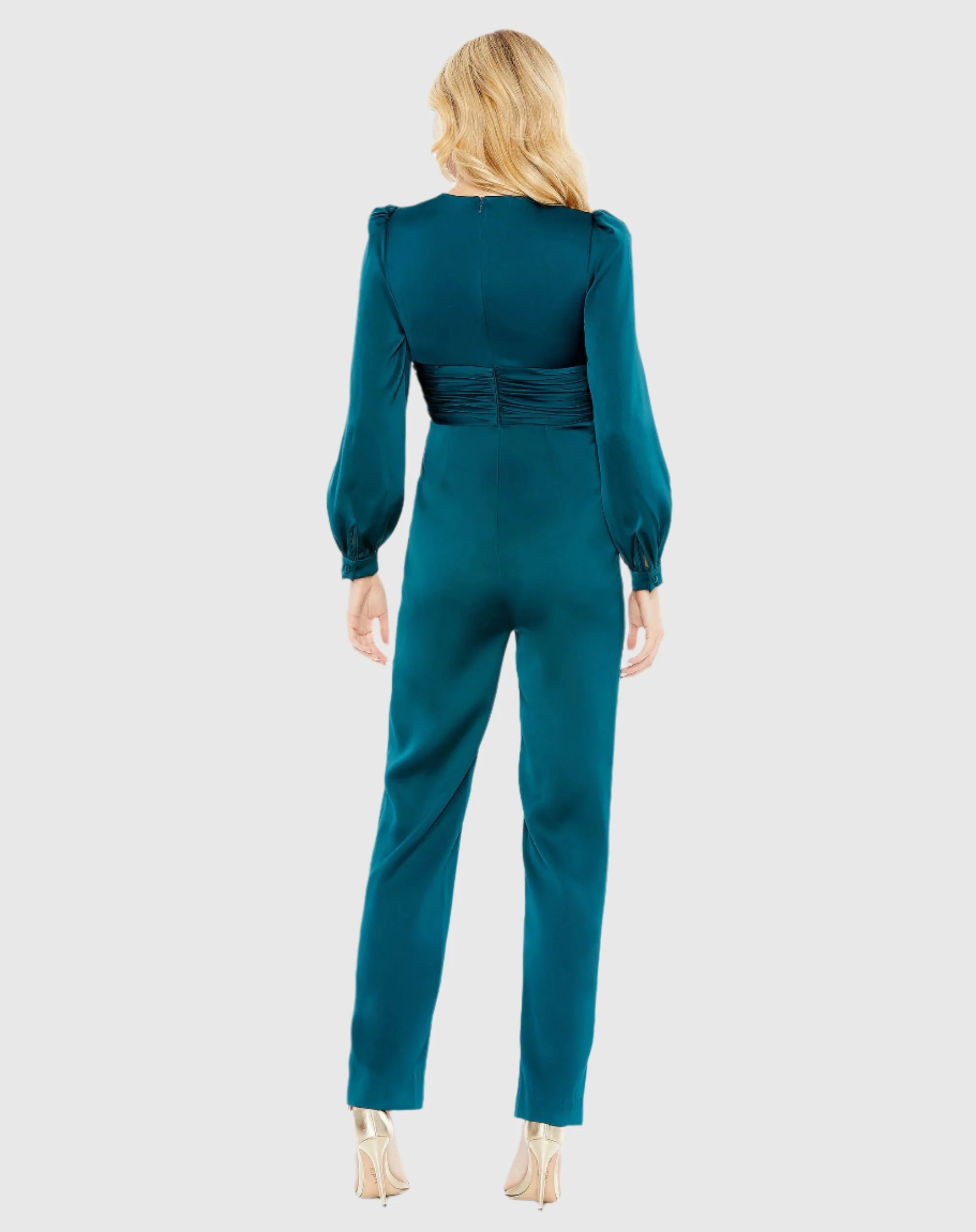 Teal Front Twist Puff Sleeve Deep V Jumpsuit