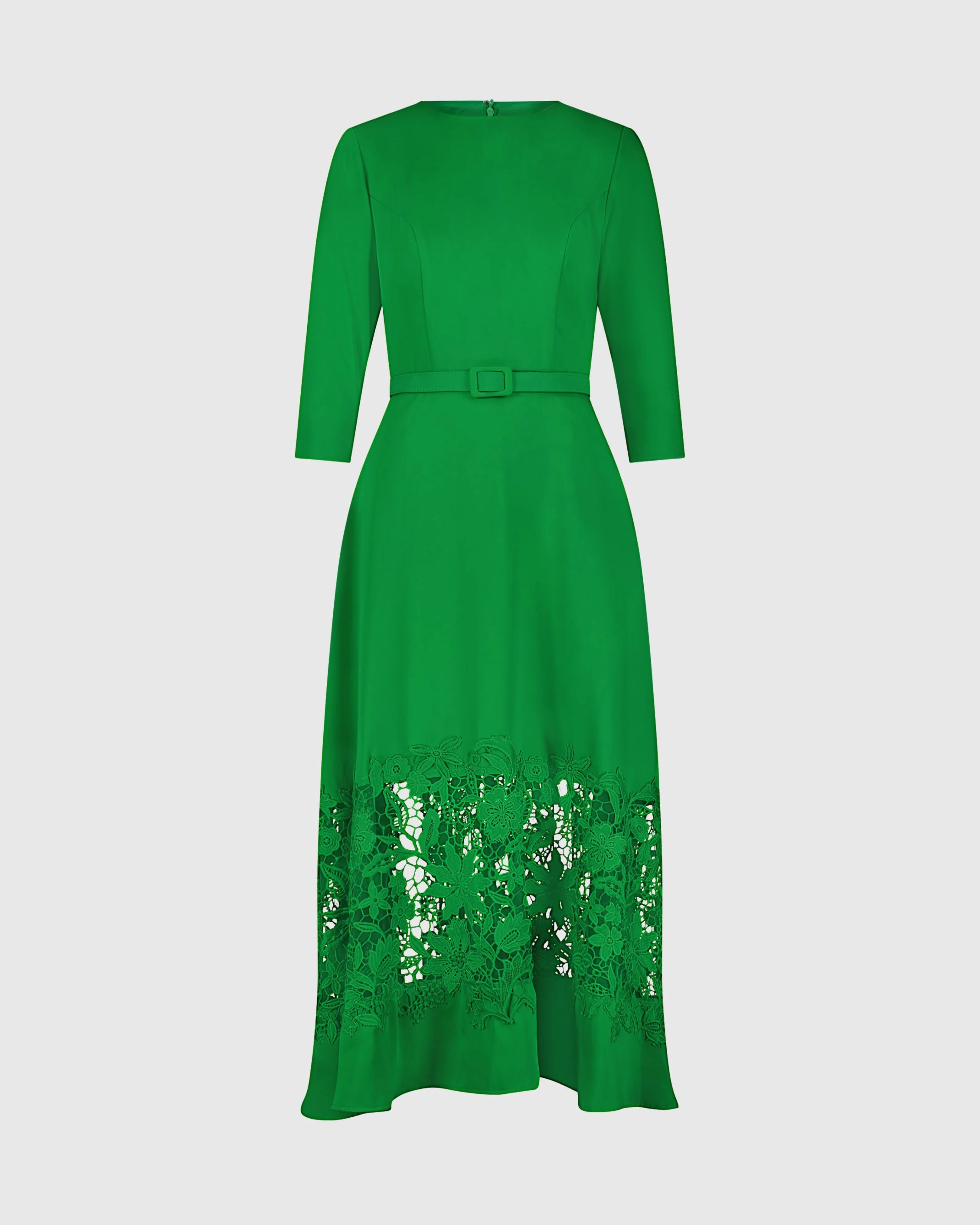 Green Crepe Boat Neck Midi Dress With Applique Cut Out