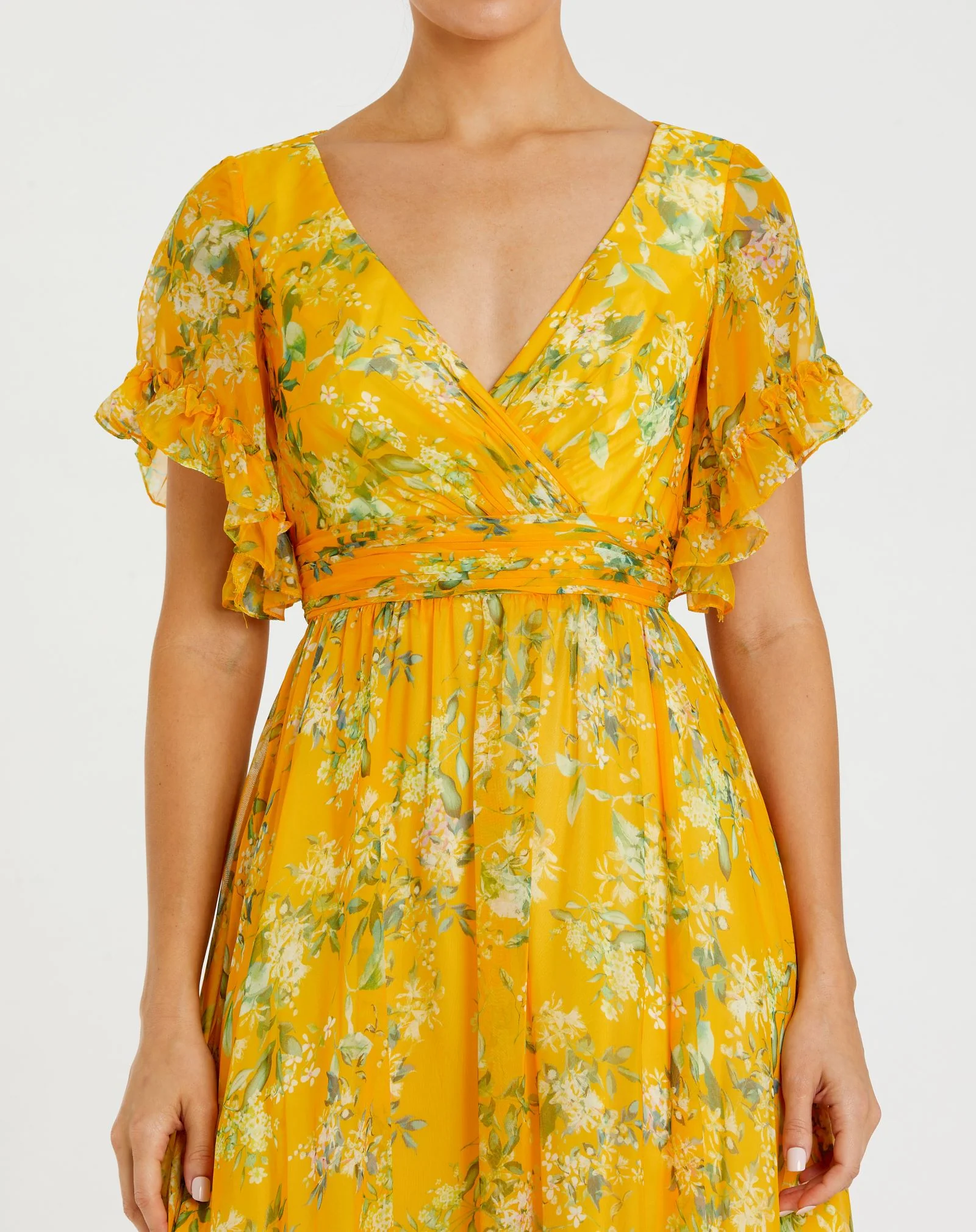 Yellow Multicolor Flounce Sleeve Floral Maxi Dress