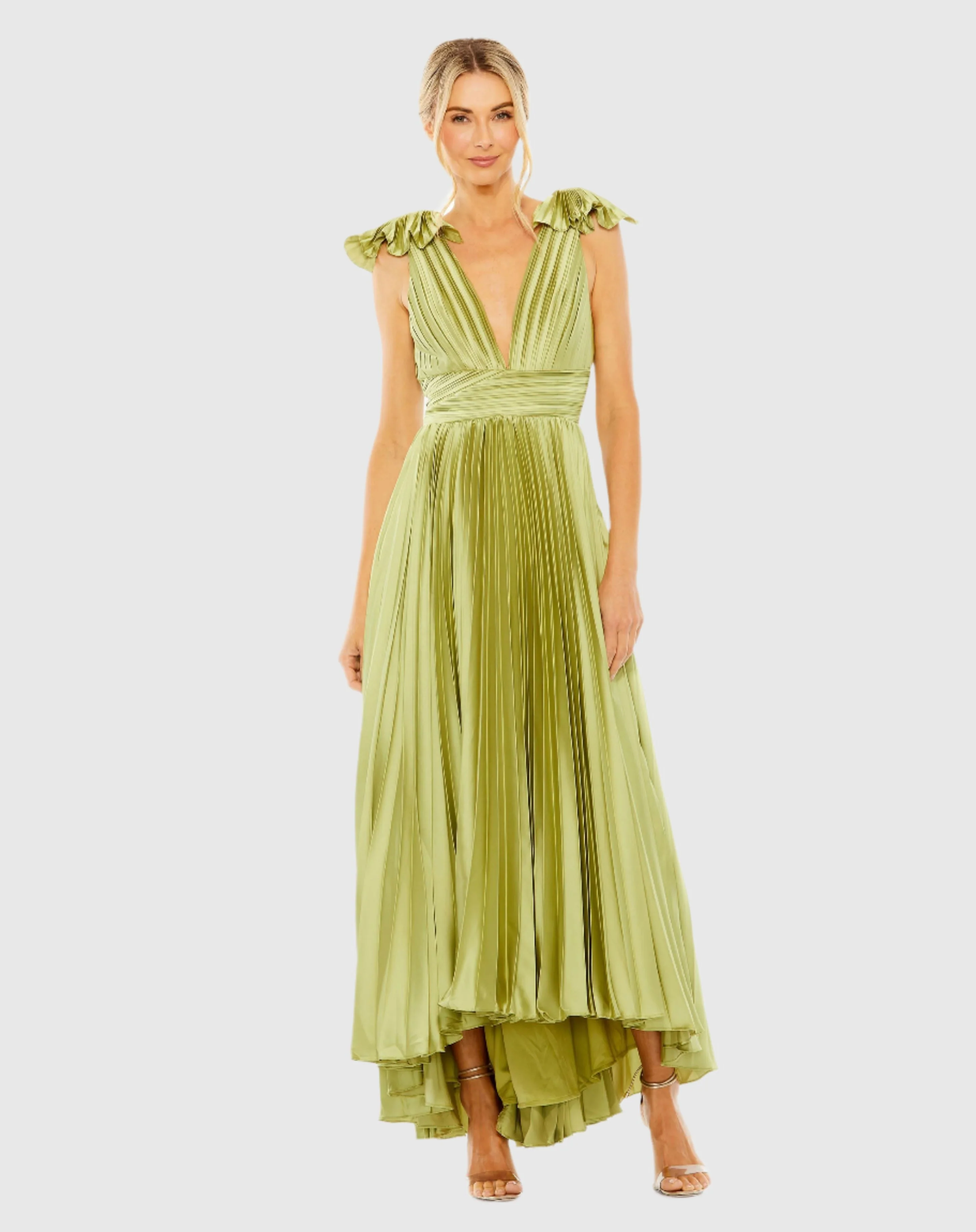 Green Ruffle Top Sleeveless V Neck Pleated Gown