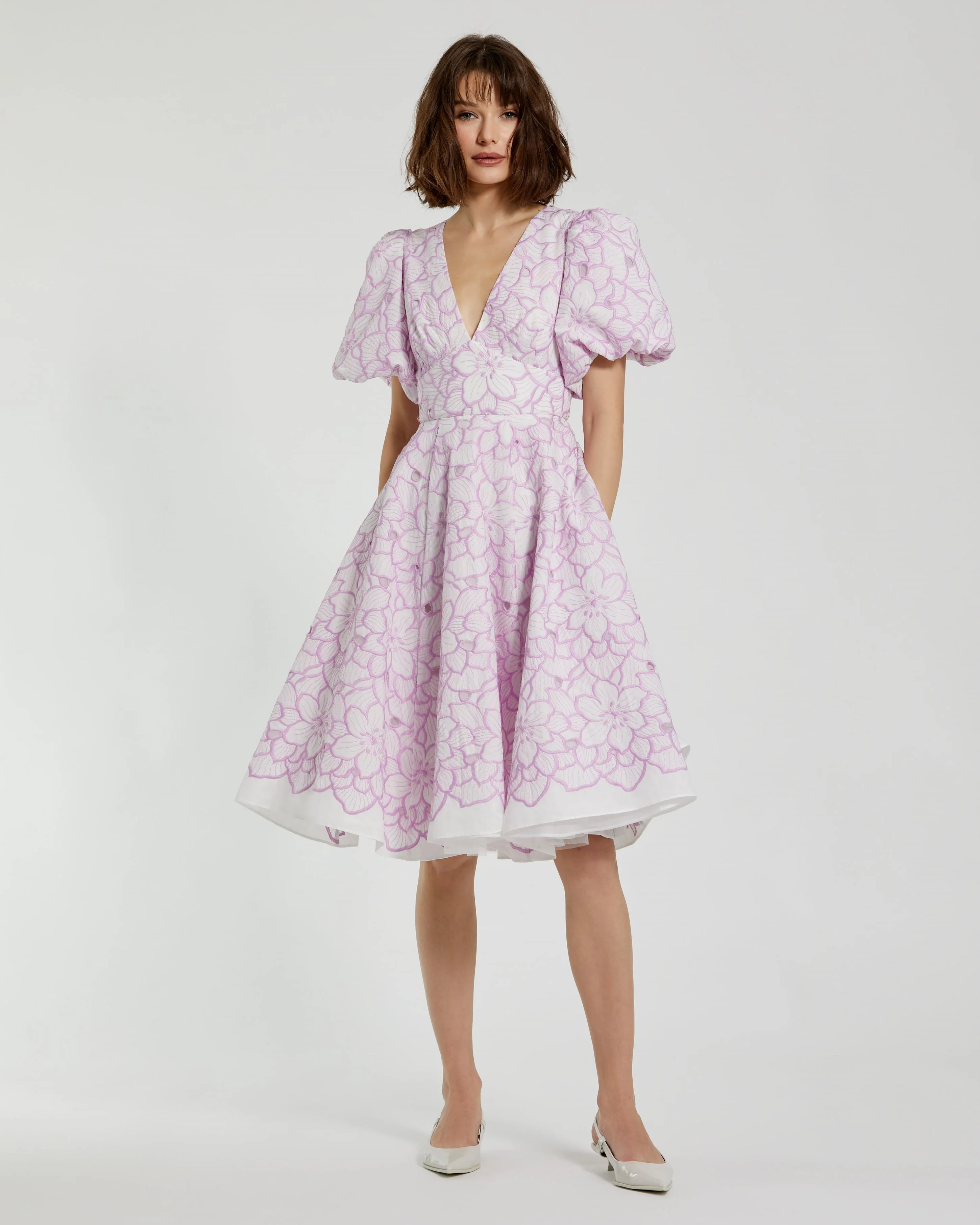 Purple and White Embroidered Floral Puff Sleeve Dress