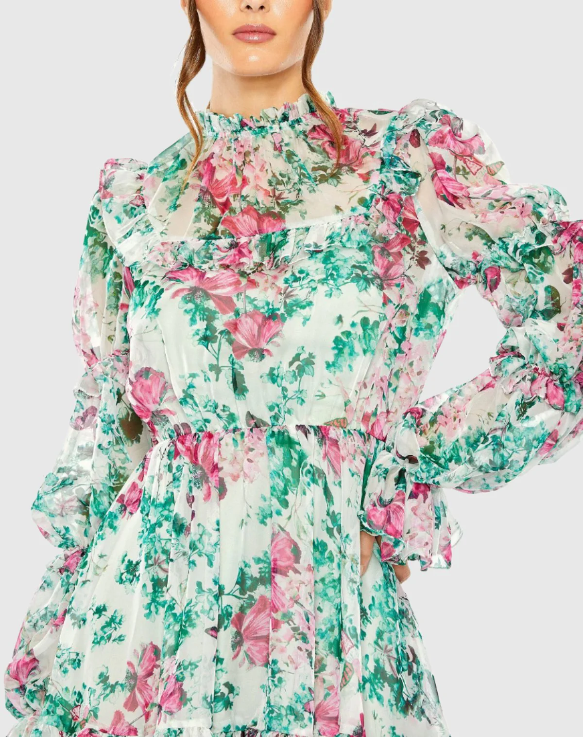 Green Floral High Neck Ruffle Sleeve Mini Dress