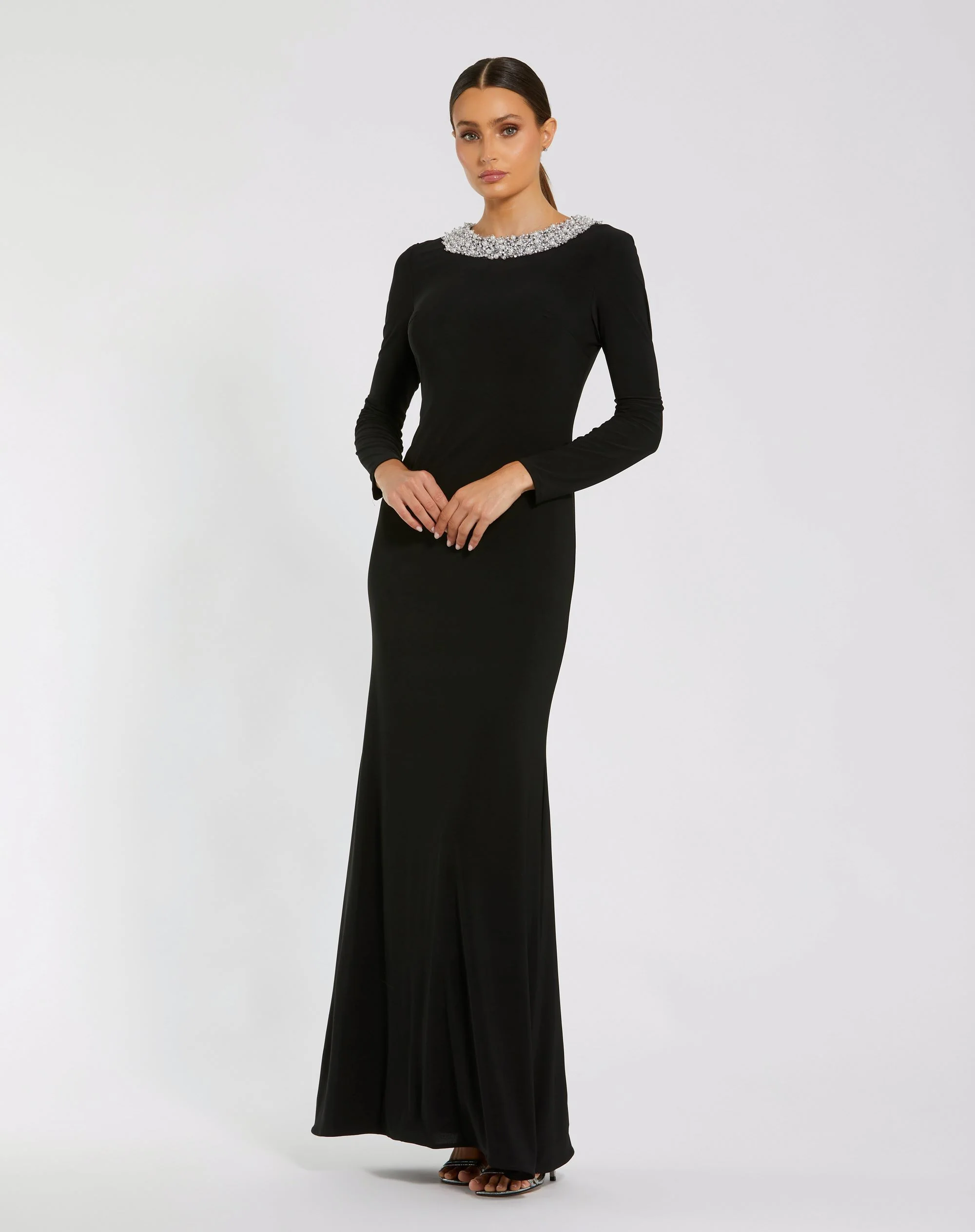 Black Jersey Long Sleeve Fitted Gown With Beaded Neck