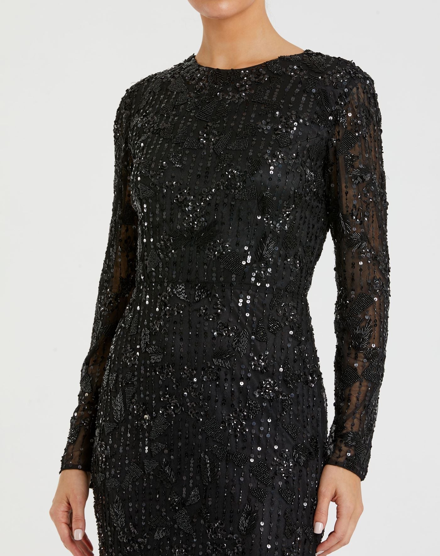 Black High Neck Long Sleeve Embellished Dress