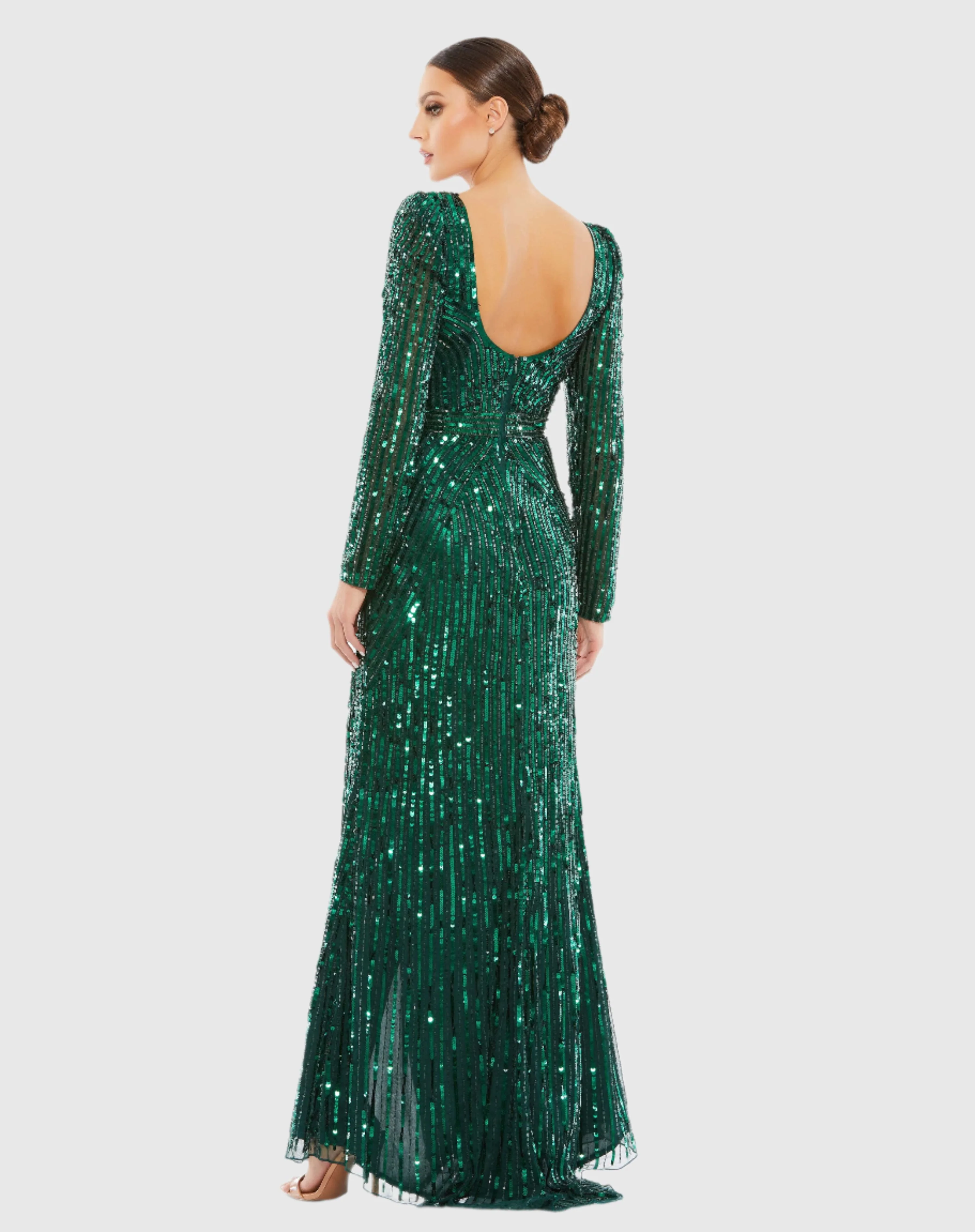 Green Sequined Sweetheart Long Sleeve Gown