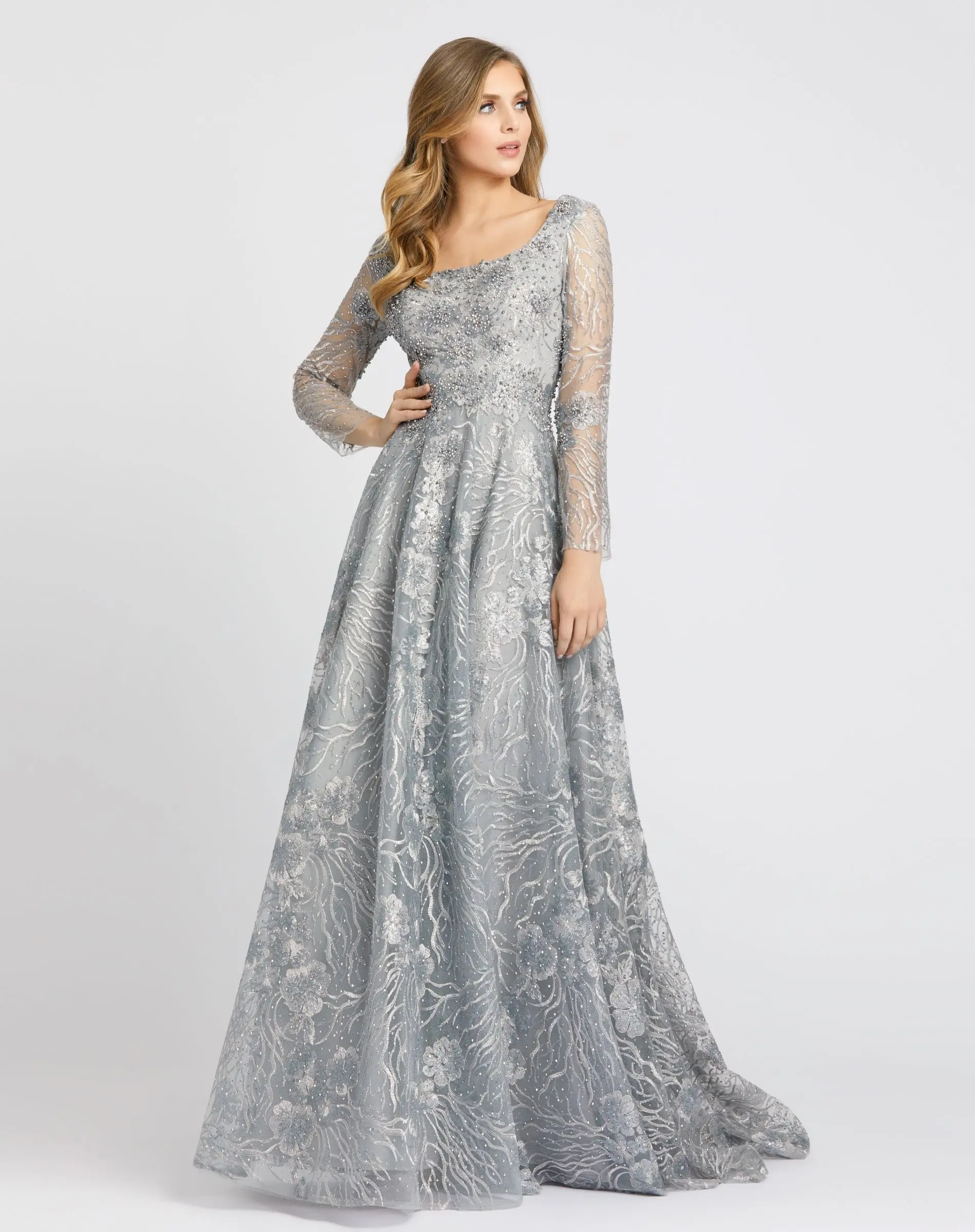 Gray Jewel Encrusted Long Sleeve Square Neck Gown