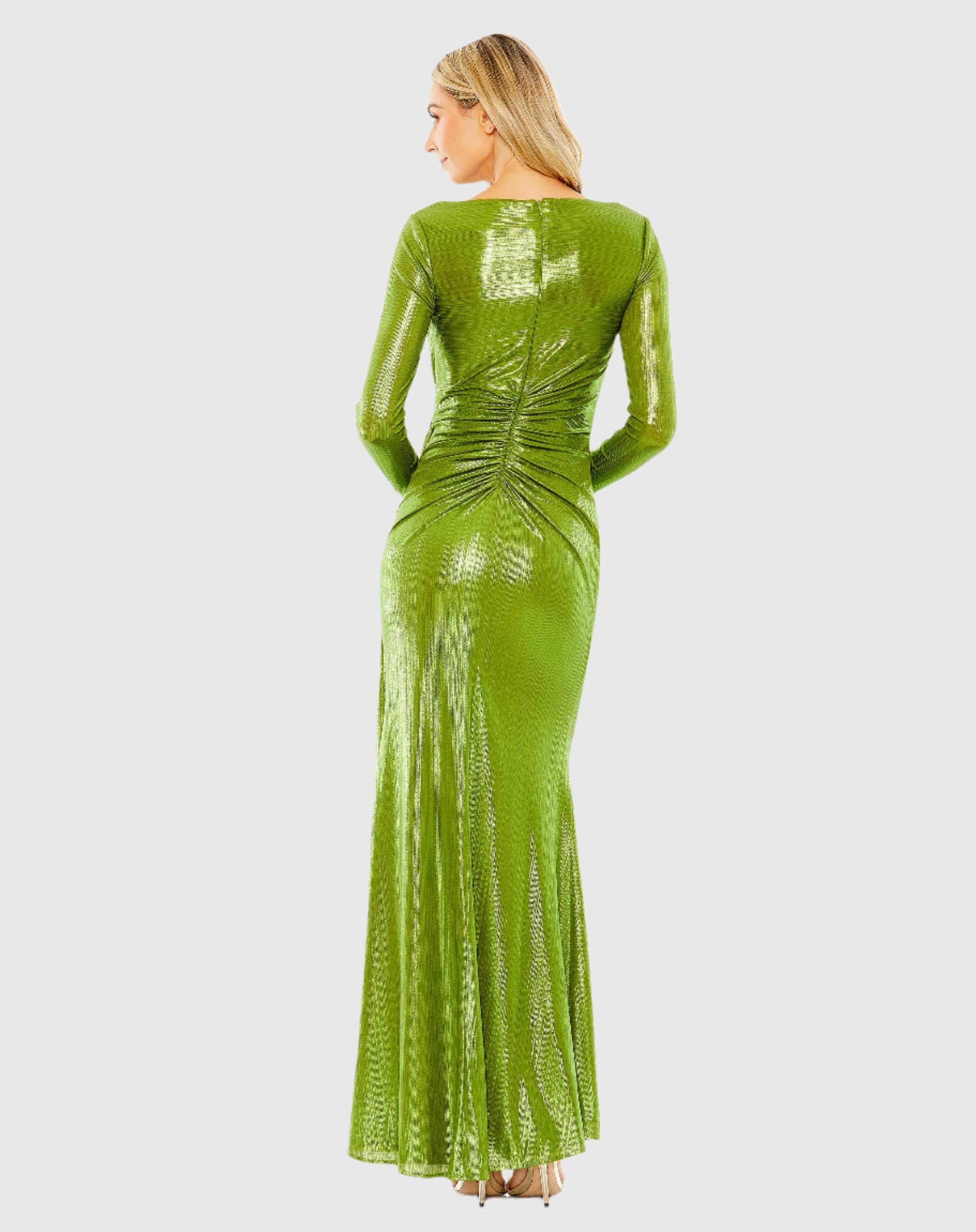 Long Sleeve Gathered Waist Metallic Gown