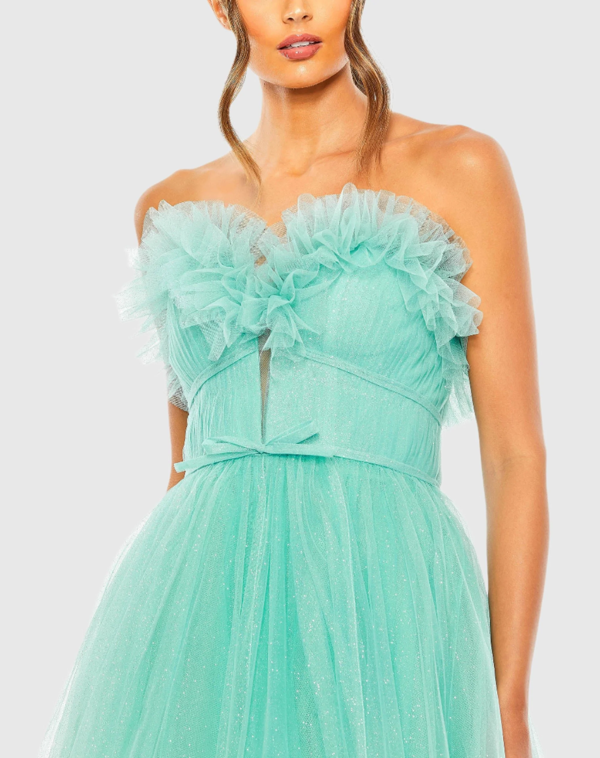 Green Strapless Glitter Tulle Gown