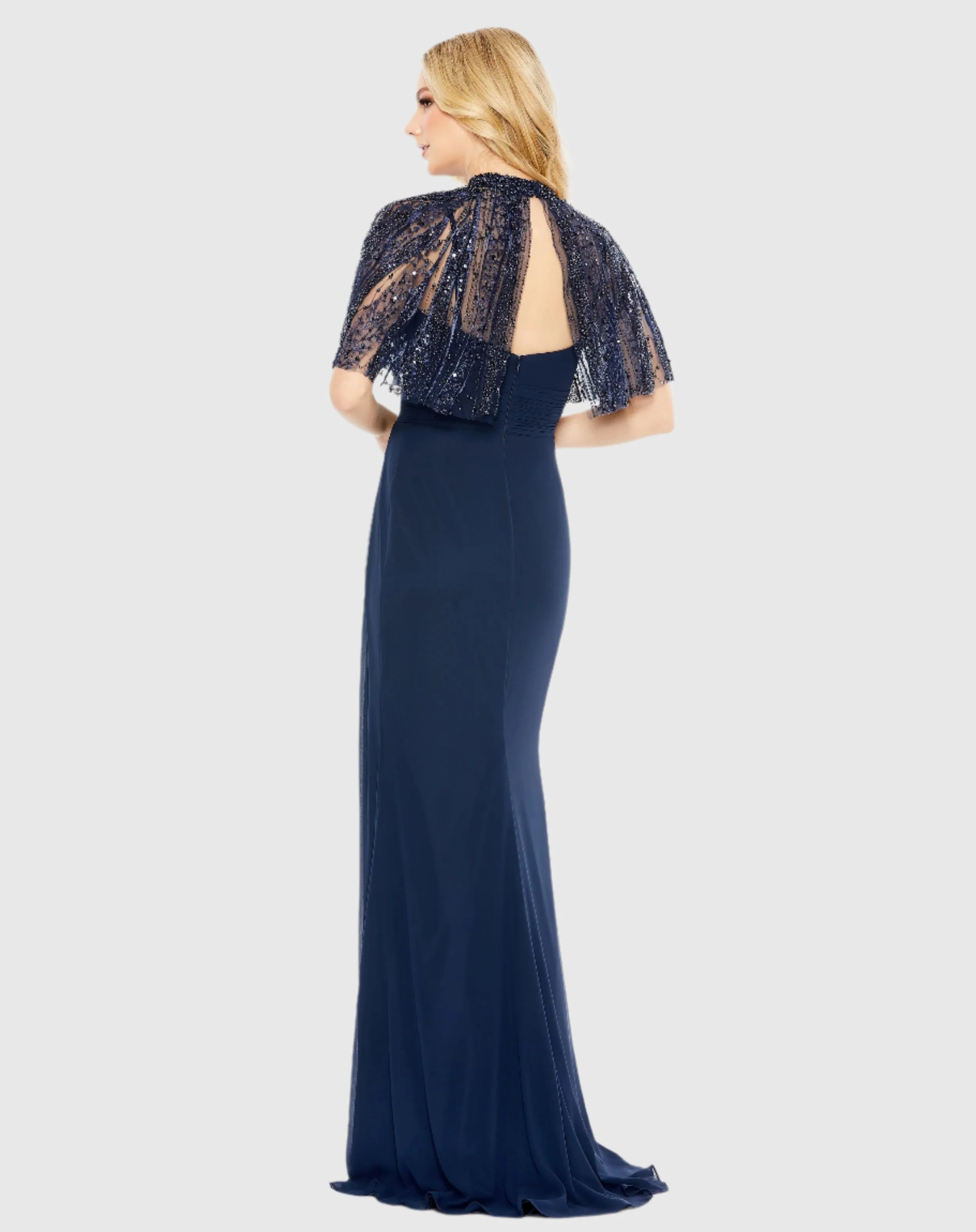 Navy Sleeveless Gown With Embellished Cape