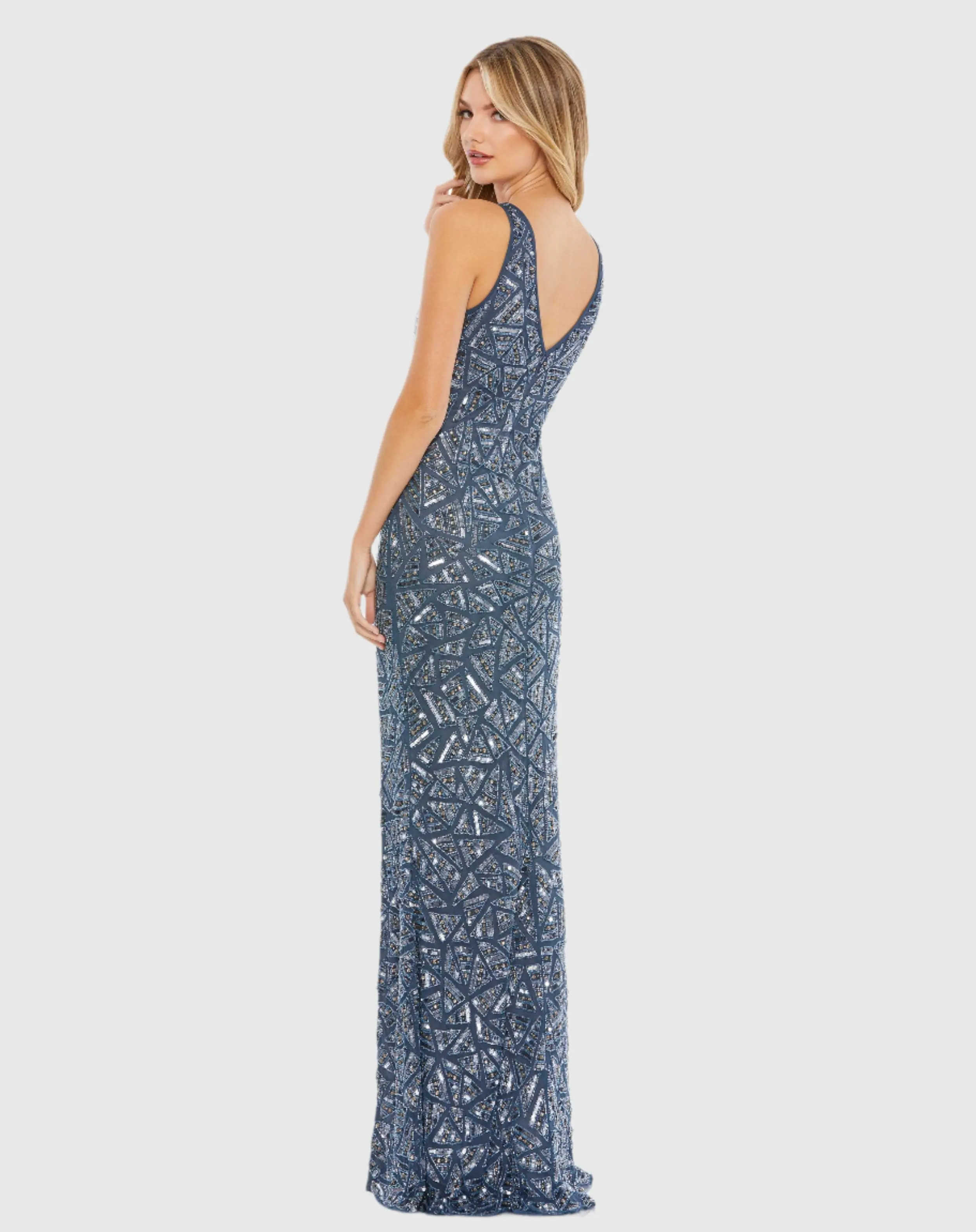 Blue Sleeveless V Neck Embellished Gown