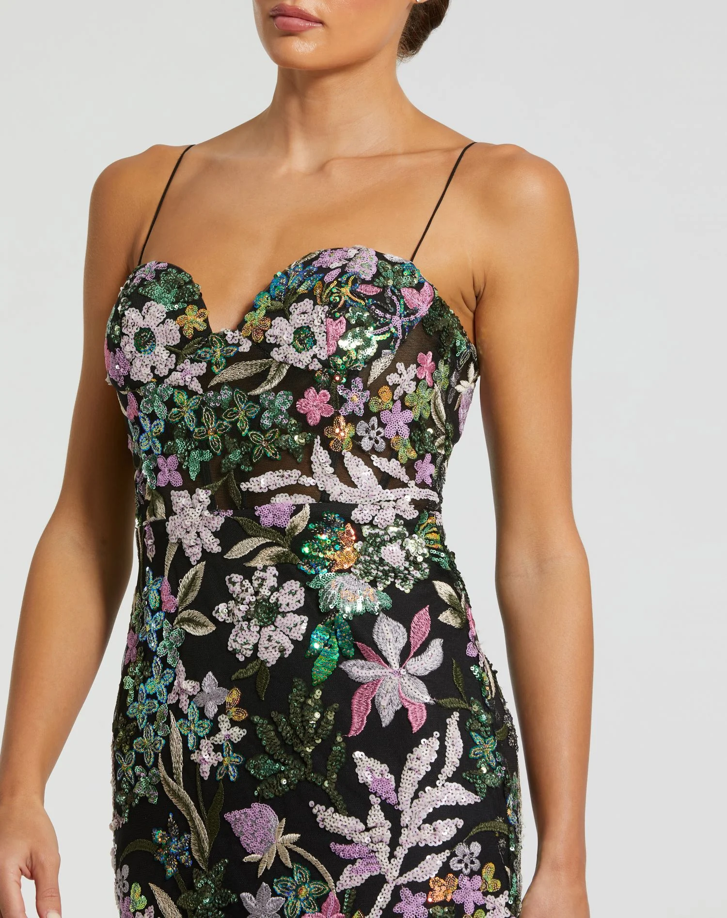 Black Spaghetti Strap Bustier Embroidered Applique Gown