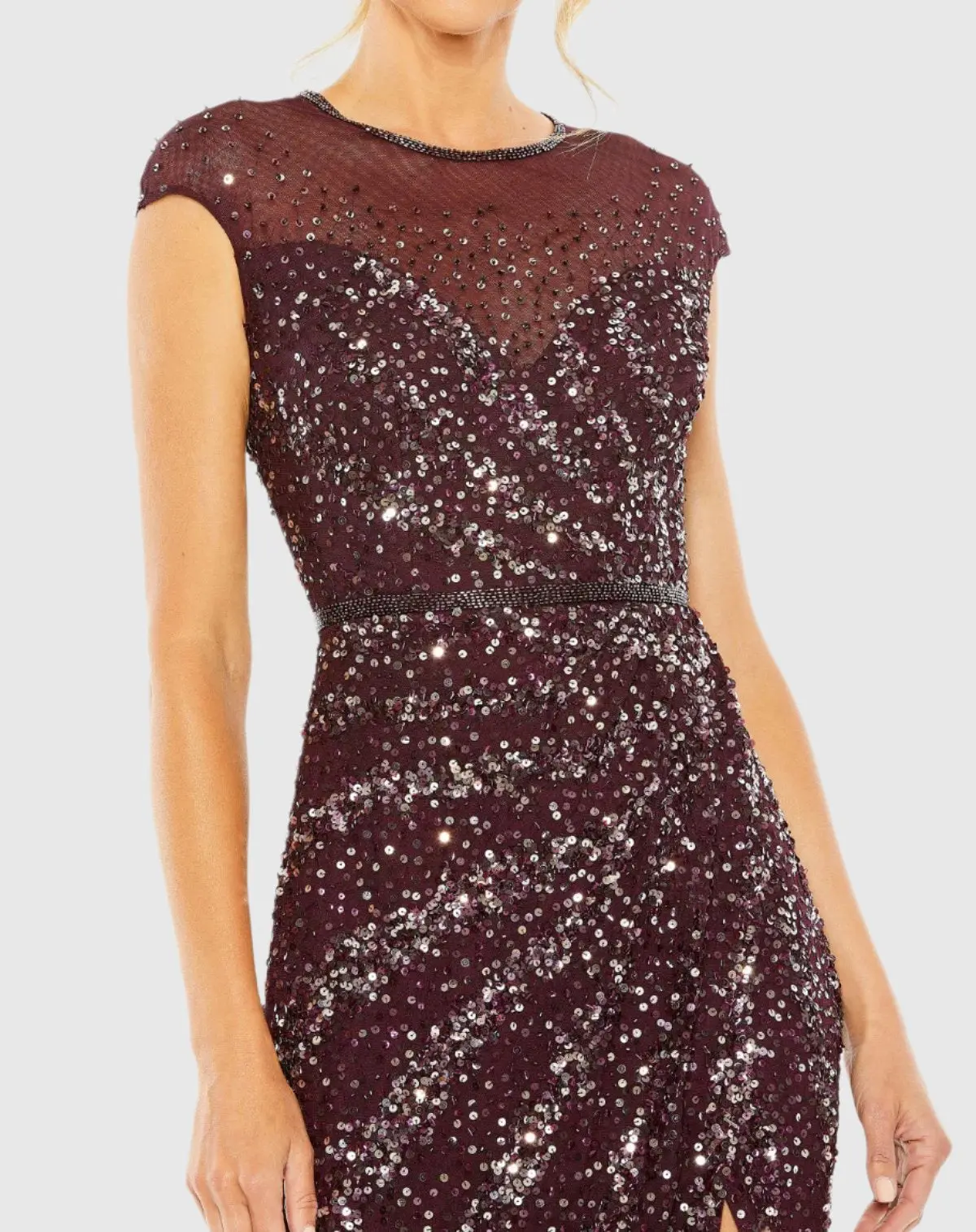 Red Embellished Illusion High Neck Cap Sleeve Gown