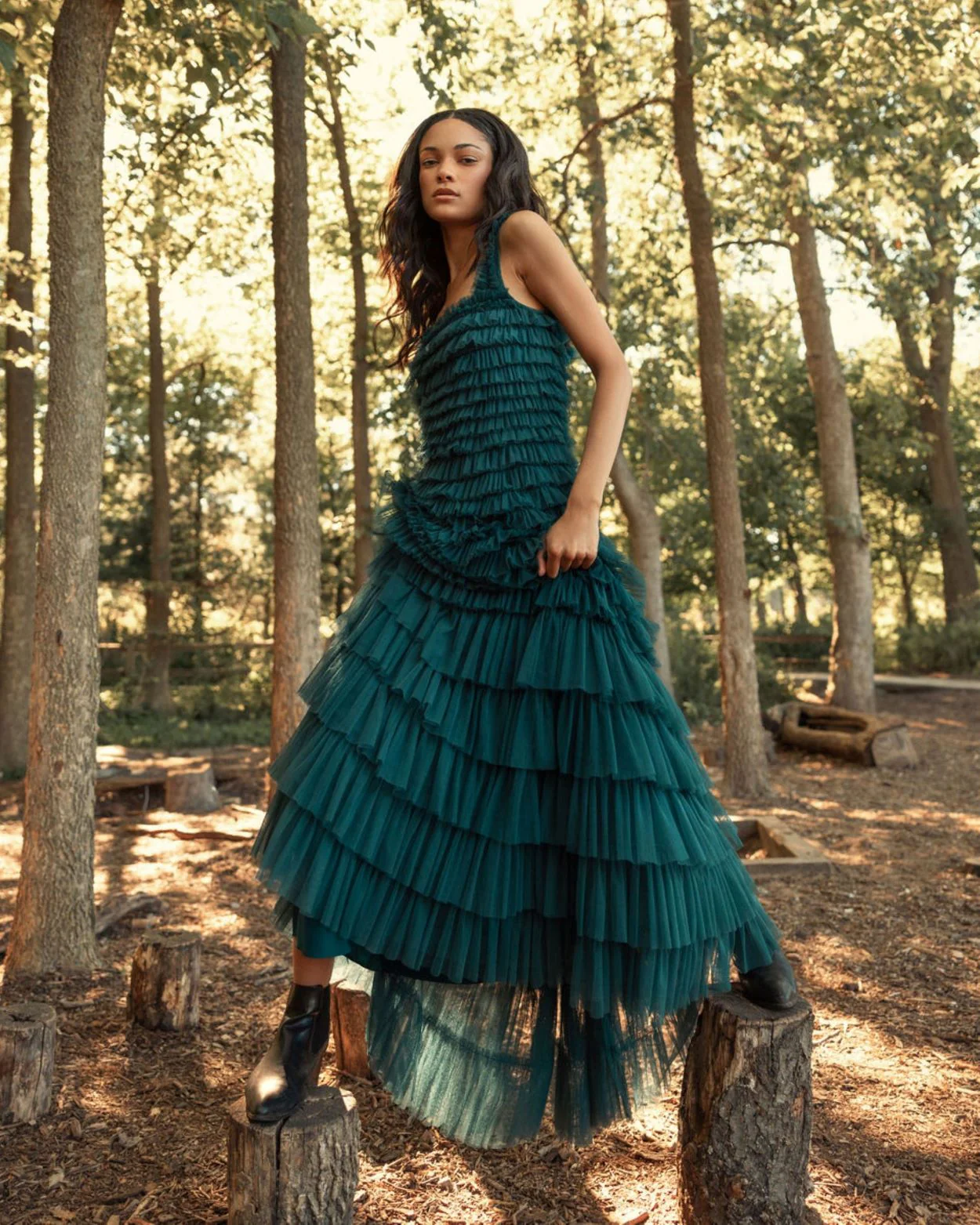 Teal Ruffle Layered Tea Length Dress