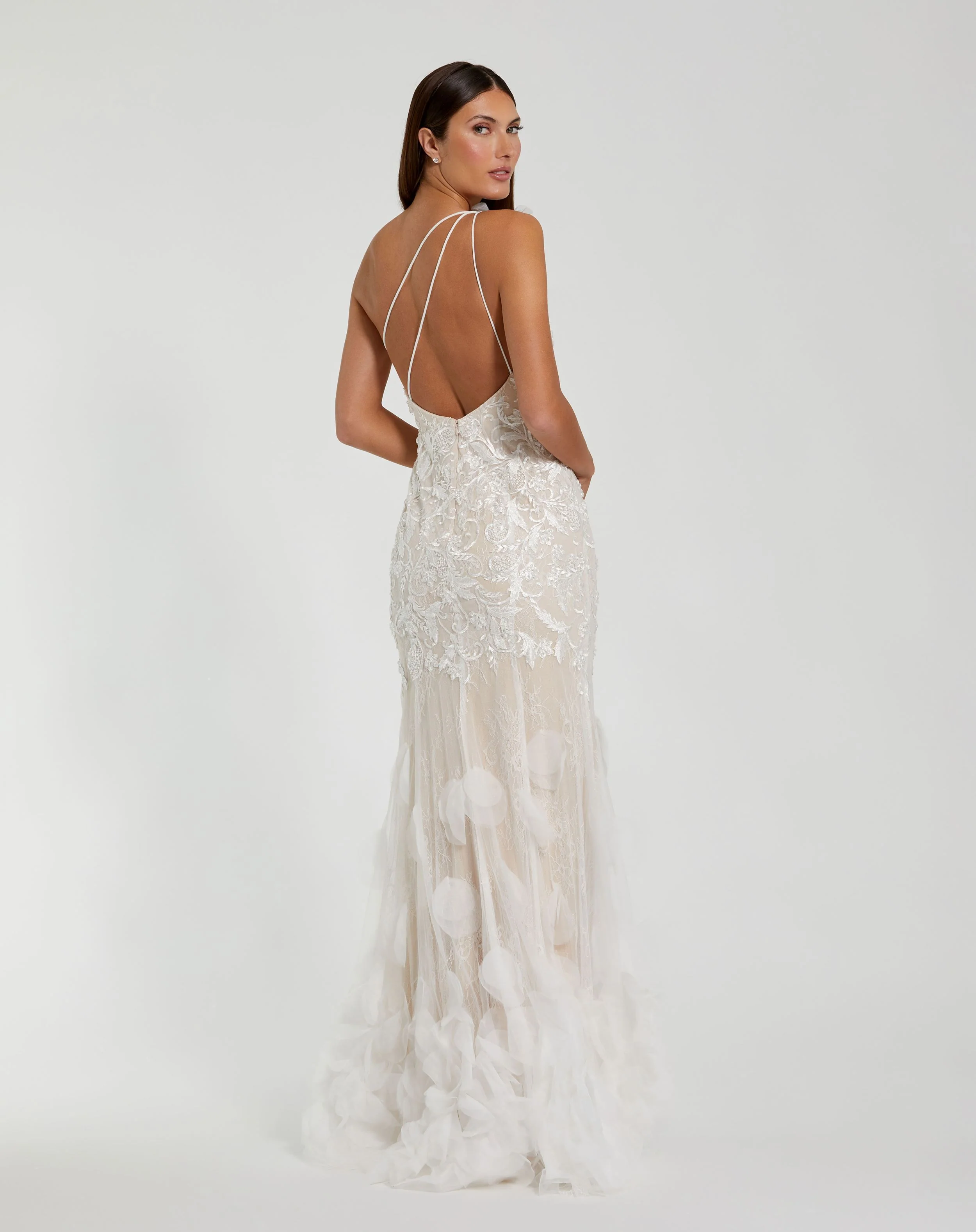 White Beaded Strappy One Shoulder Petal Mermaid Gown