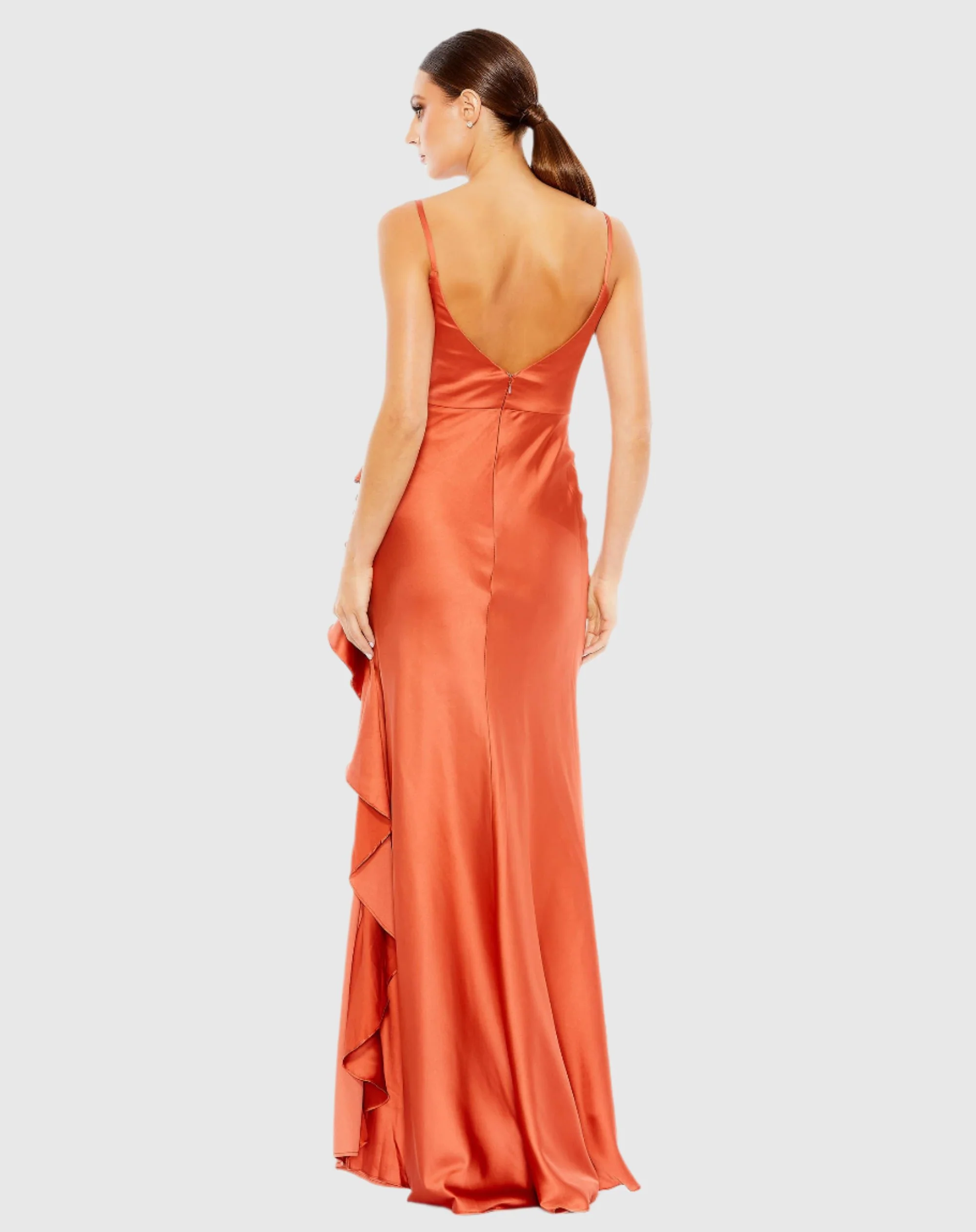 Orange V-Neck Spaghetti Strap Satin Gown