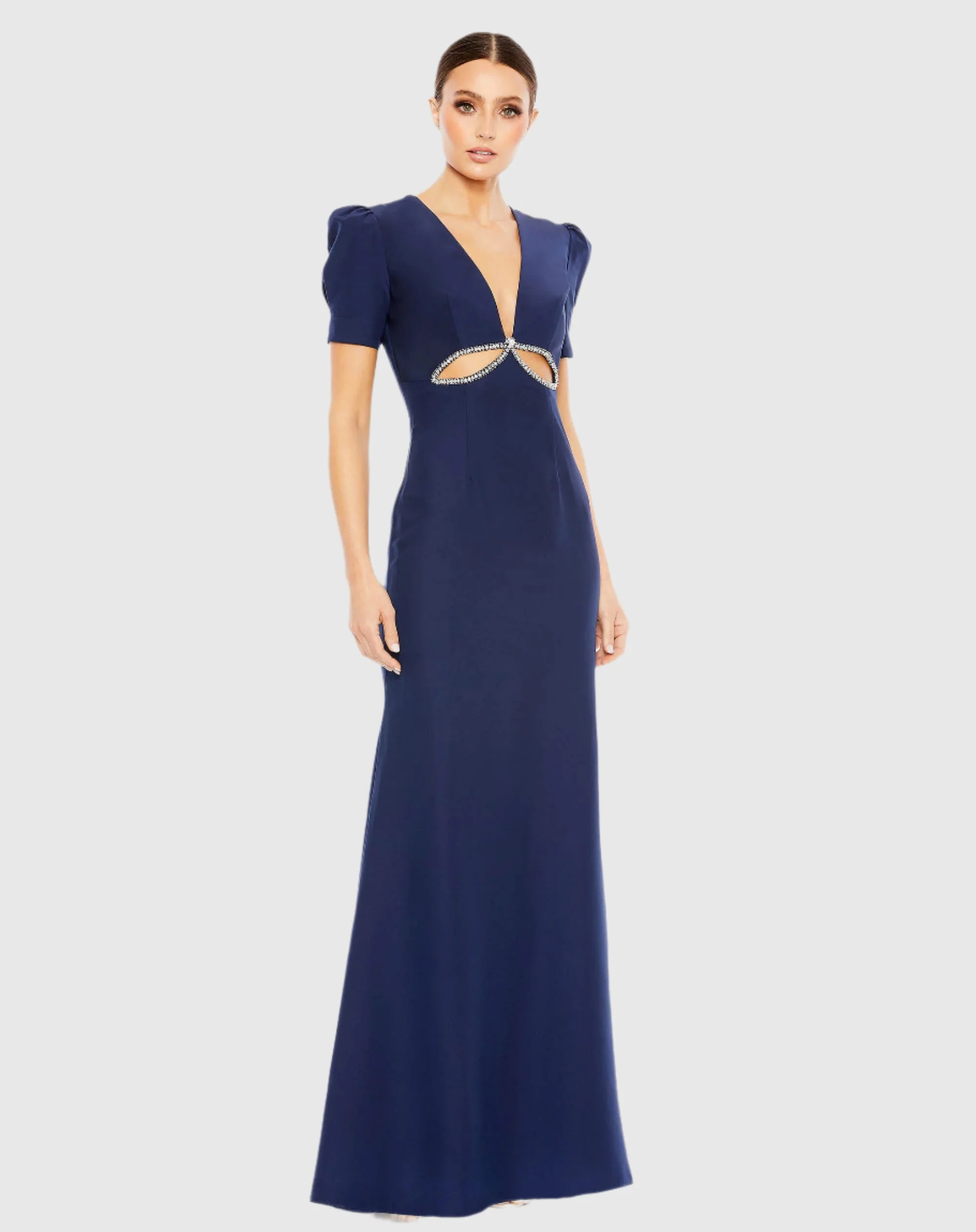 Navy Plunge Neck Puff Sleeve Cut Out Gown