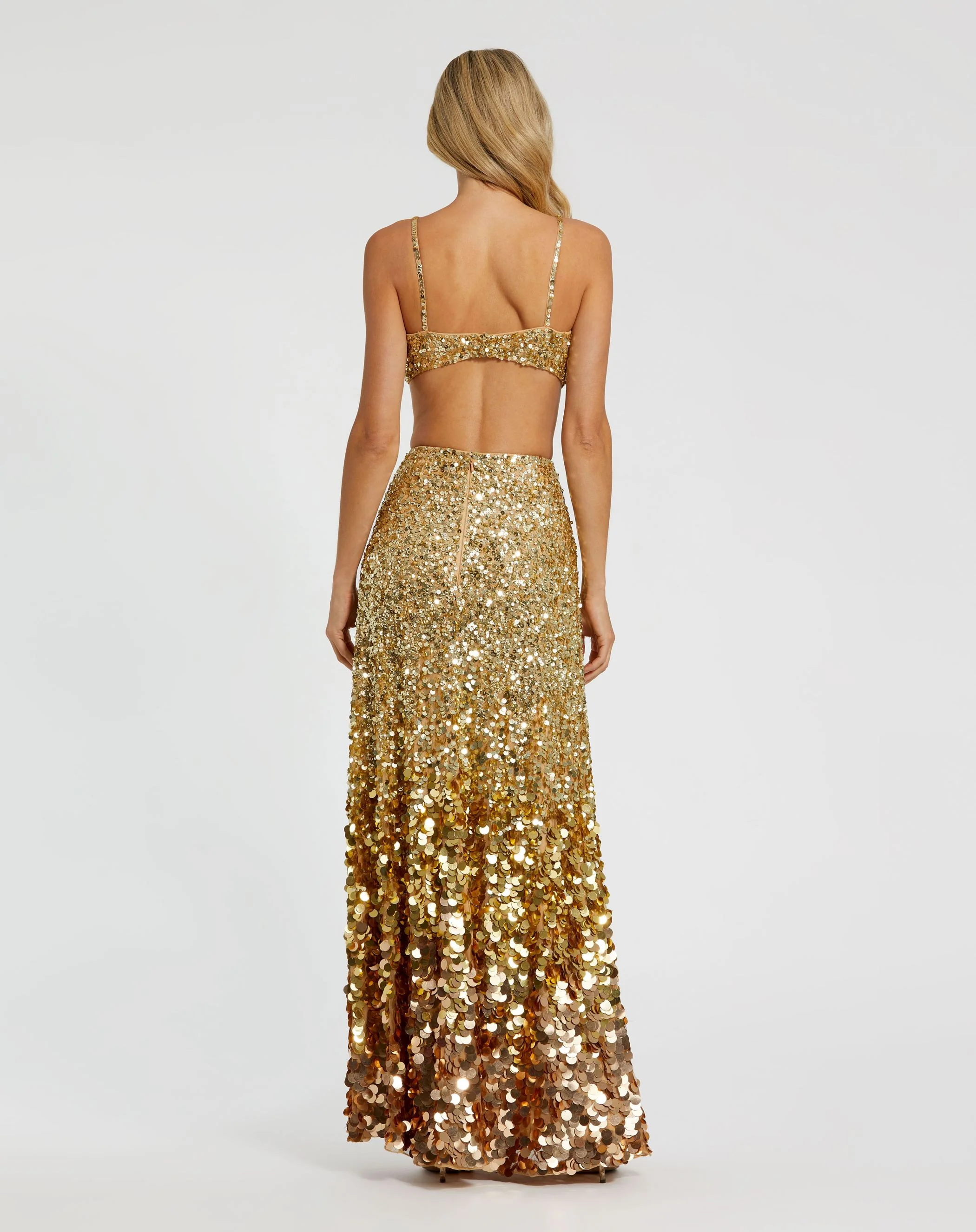 Gold Thin Strap Cut Out Gown With Ombre Sequins