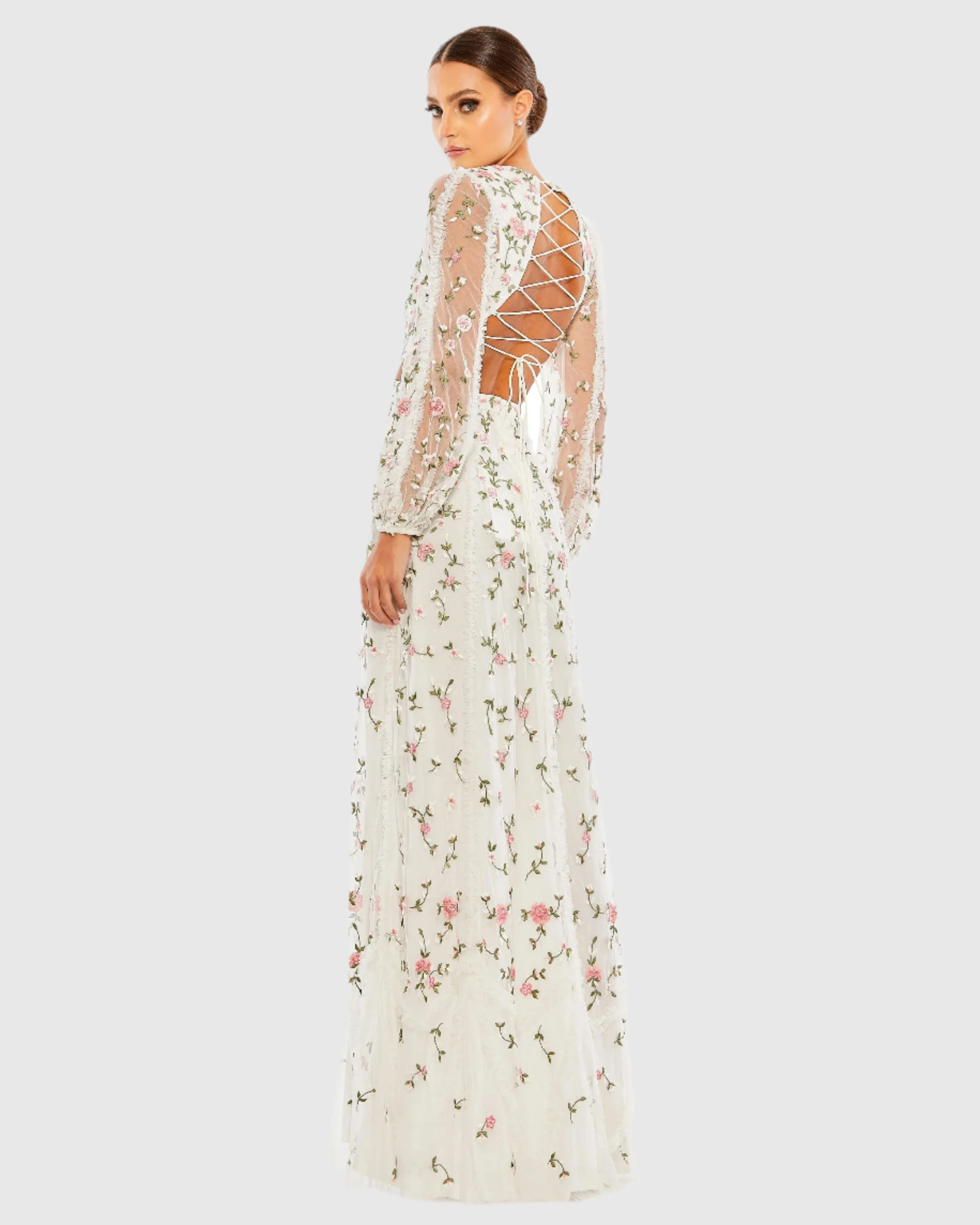 Long Sleeve Embellished Cut Out A-Line Gown