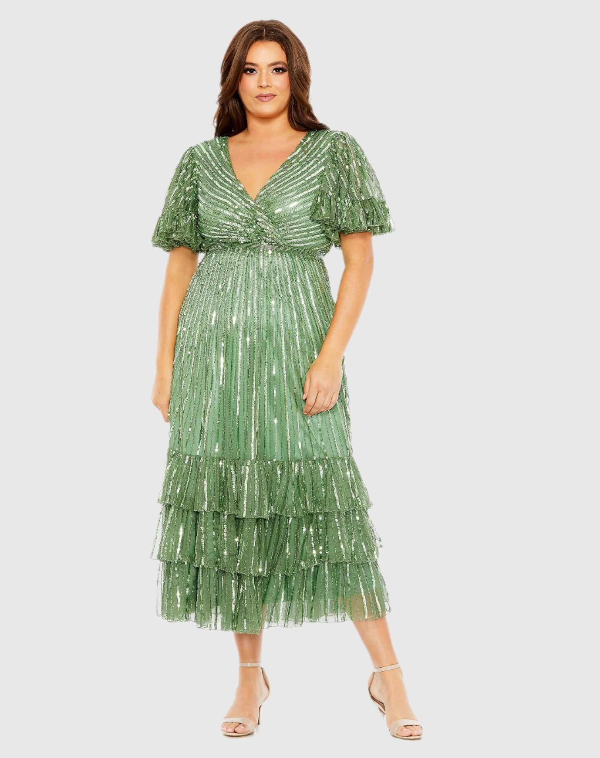 Green Sequin Faux Wrap Flutter Sleeve Ruffle Dress
