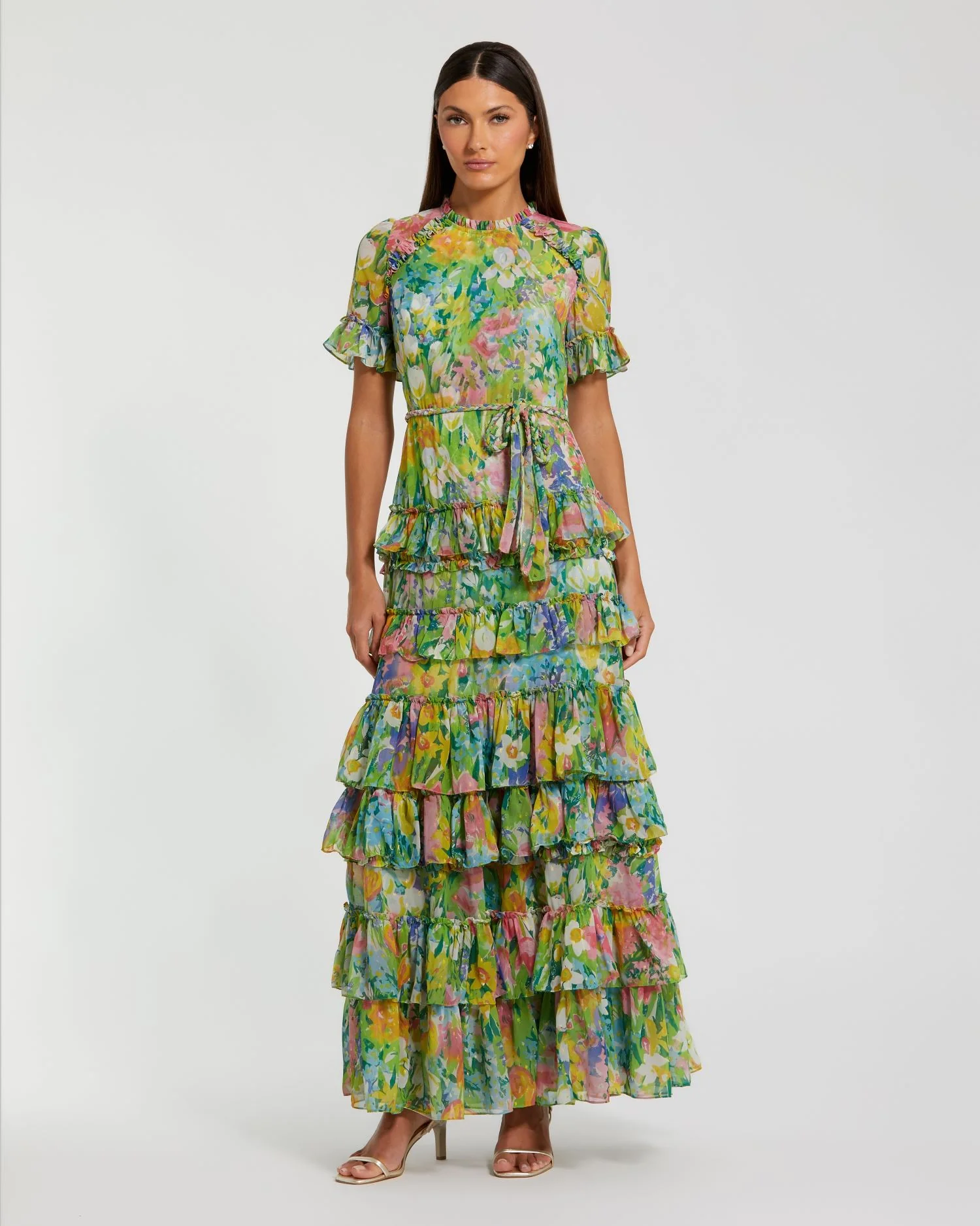 Green Floral Printed Chiffon Tiered Ruffle Dress