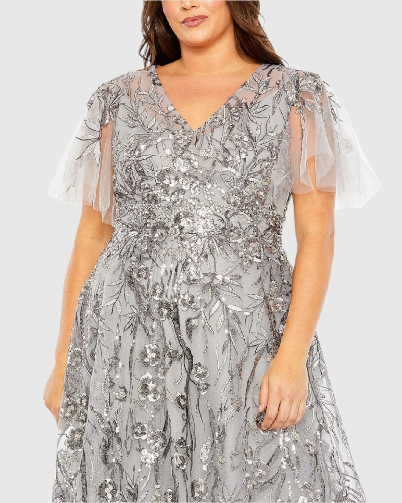 Silver High Neck Flutter Sleeve Embellished A-Line Gown