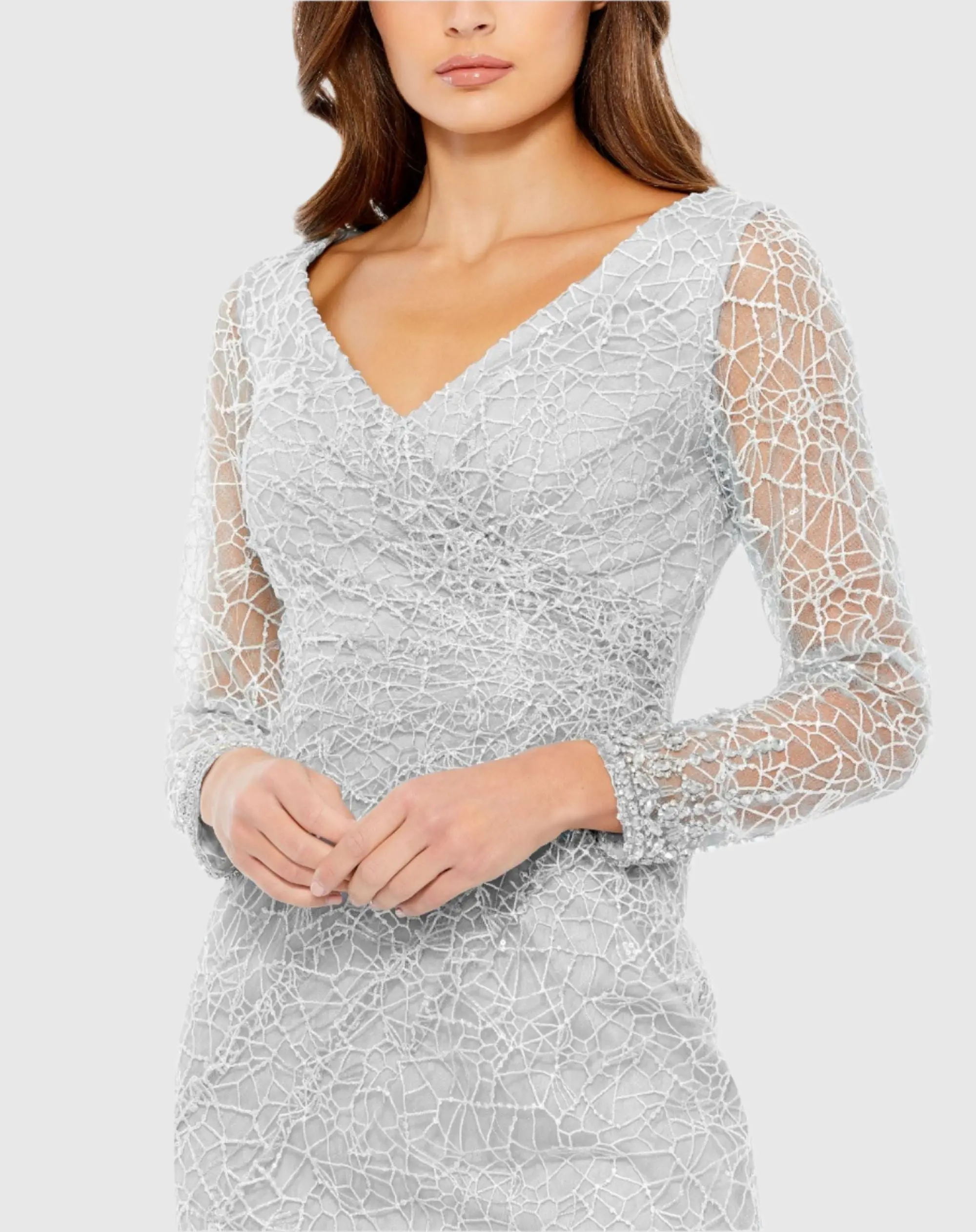 Gray Long Sheer Sleeve V-Neck Midi Dress