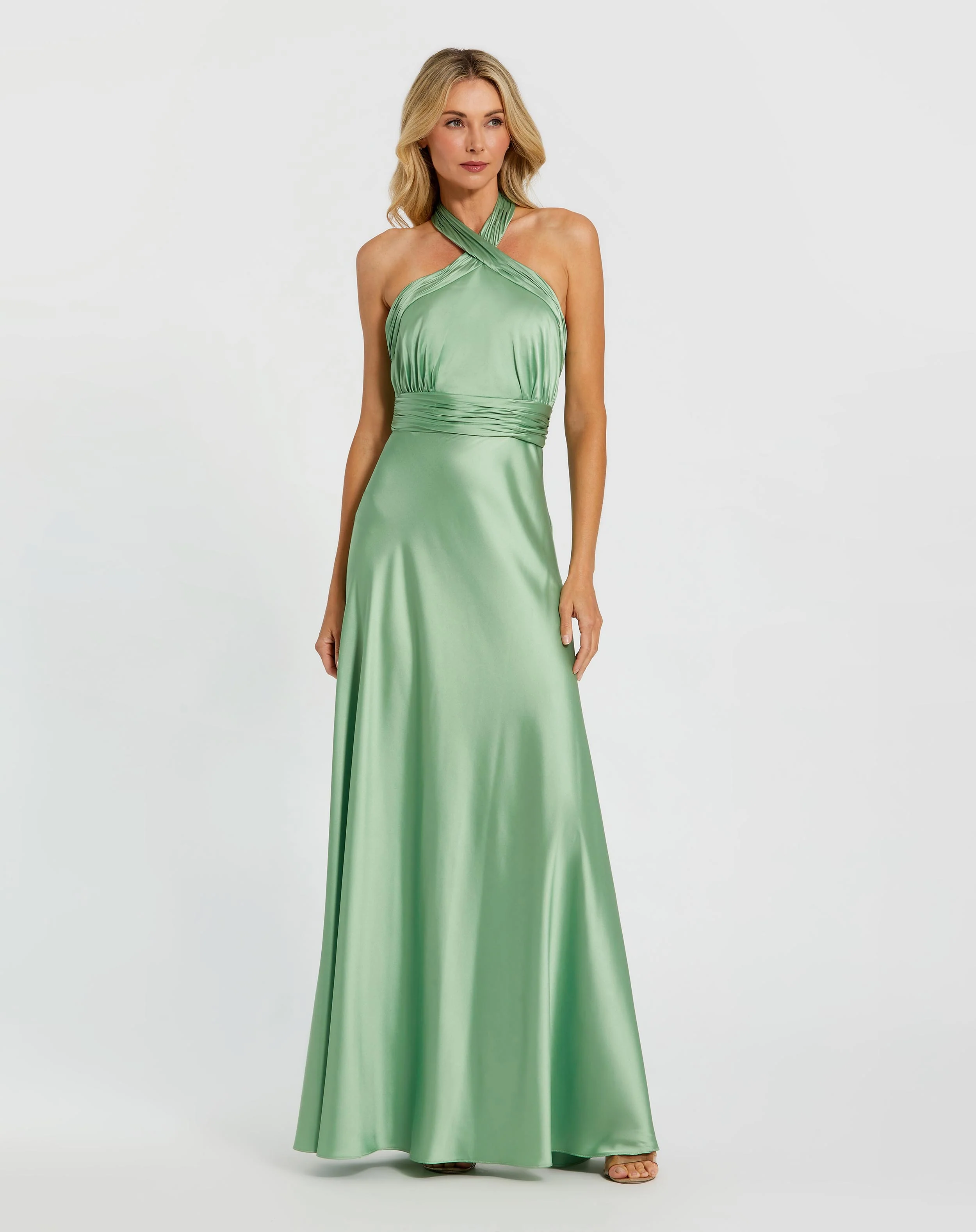 Green Ruched Halter Neck Tie Back Satin Gown
