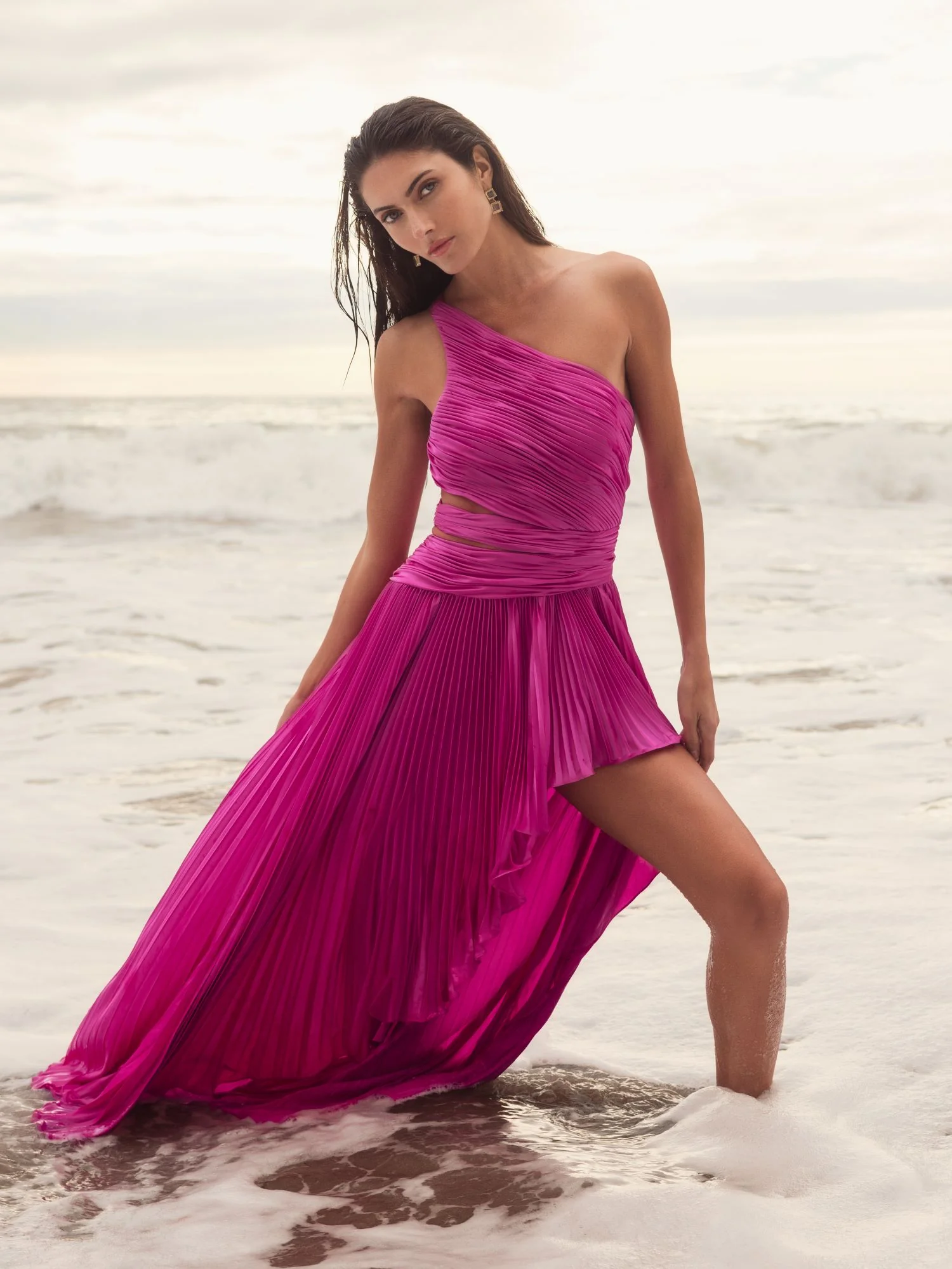 Purple One Shoulder Pleated Charmeuse Gown with Slit
