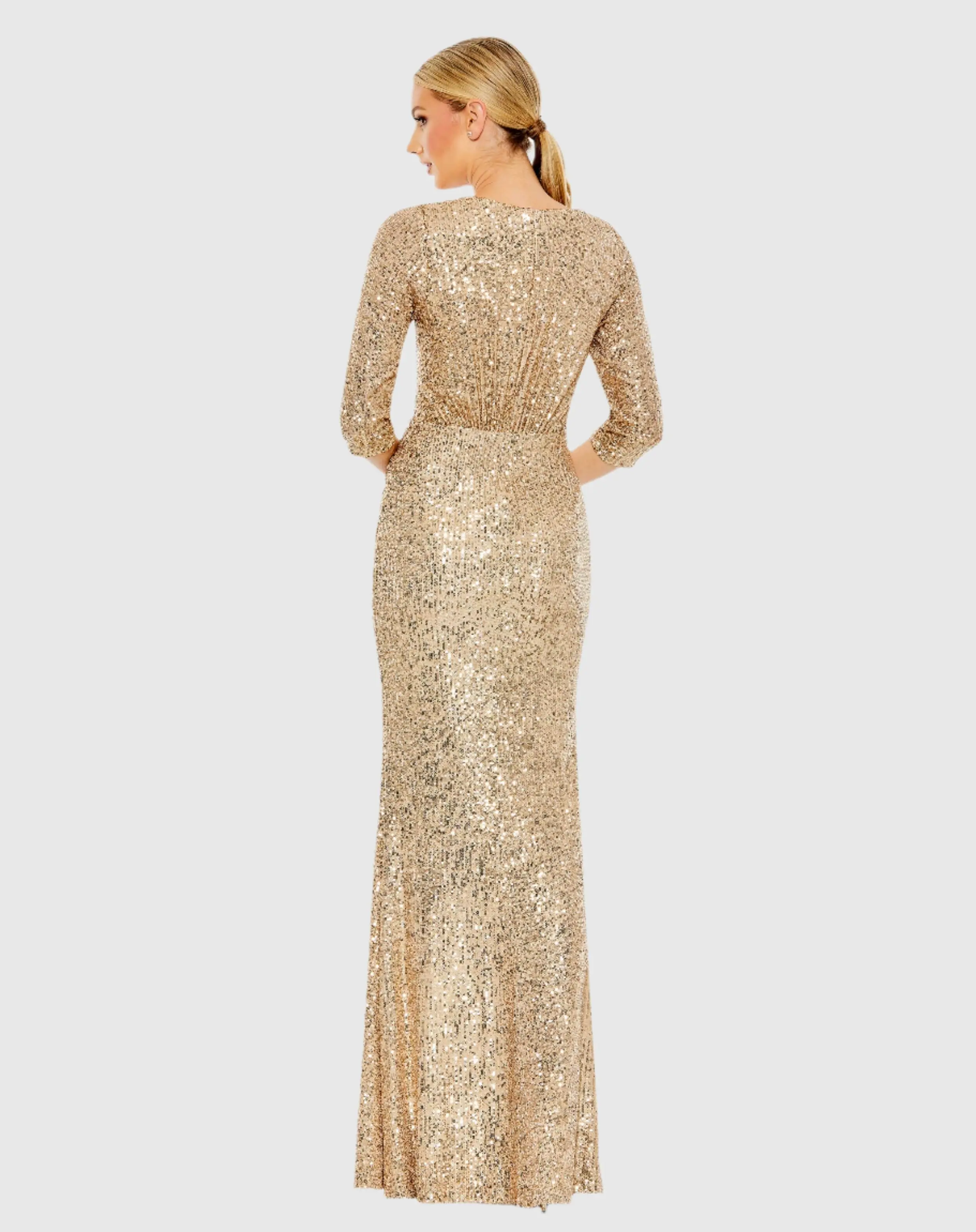 Gold Sequined Draped 3/4 Sleeve Gown