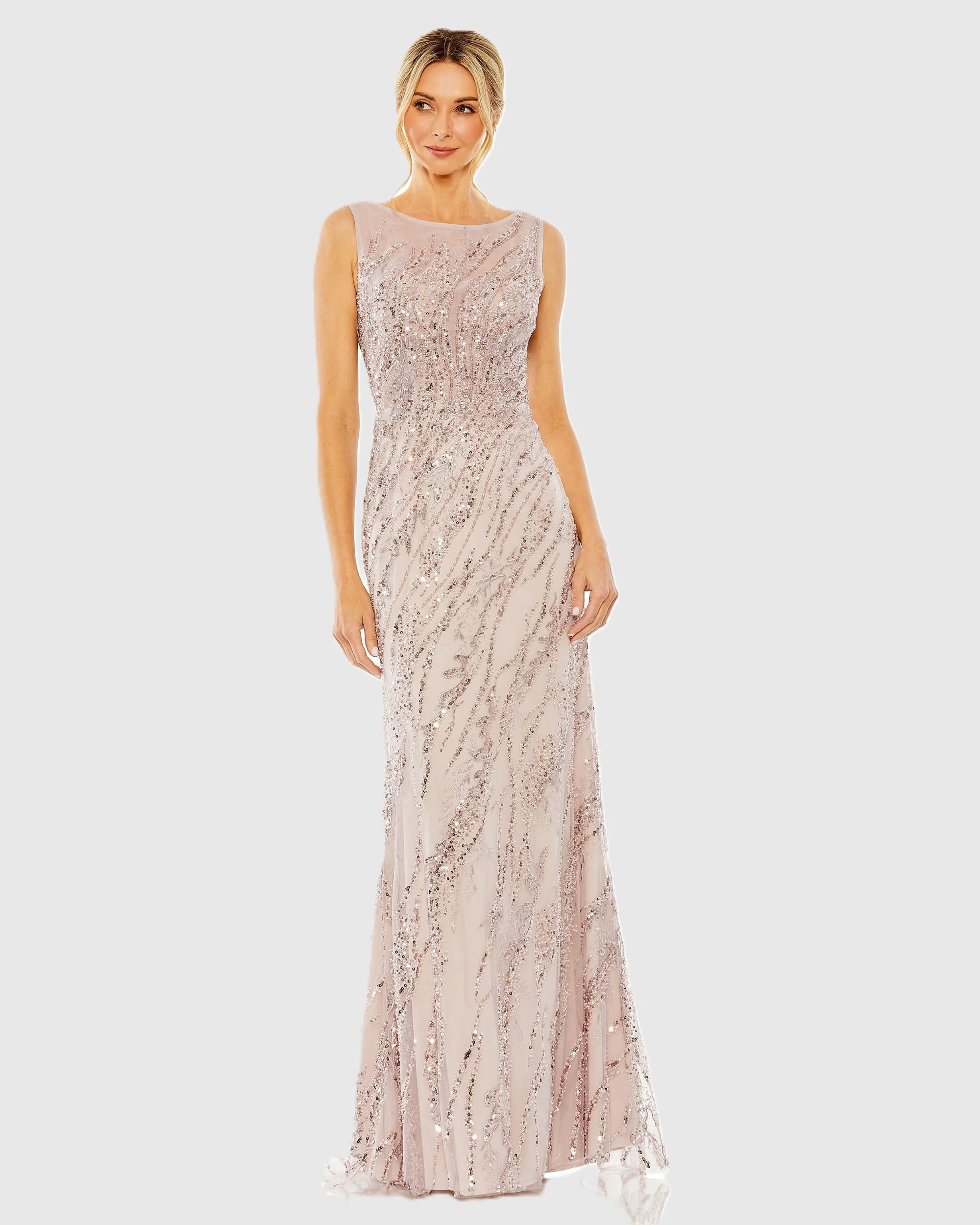 Sleeveless Boat Neck Sequin Beaded Gown