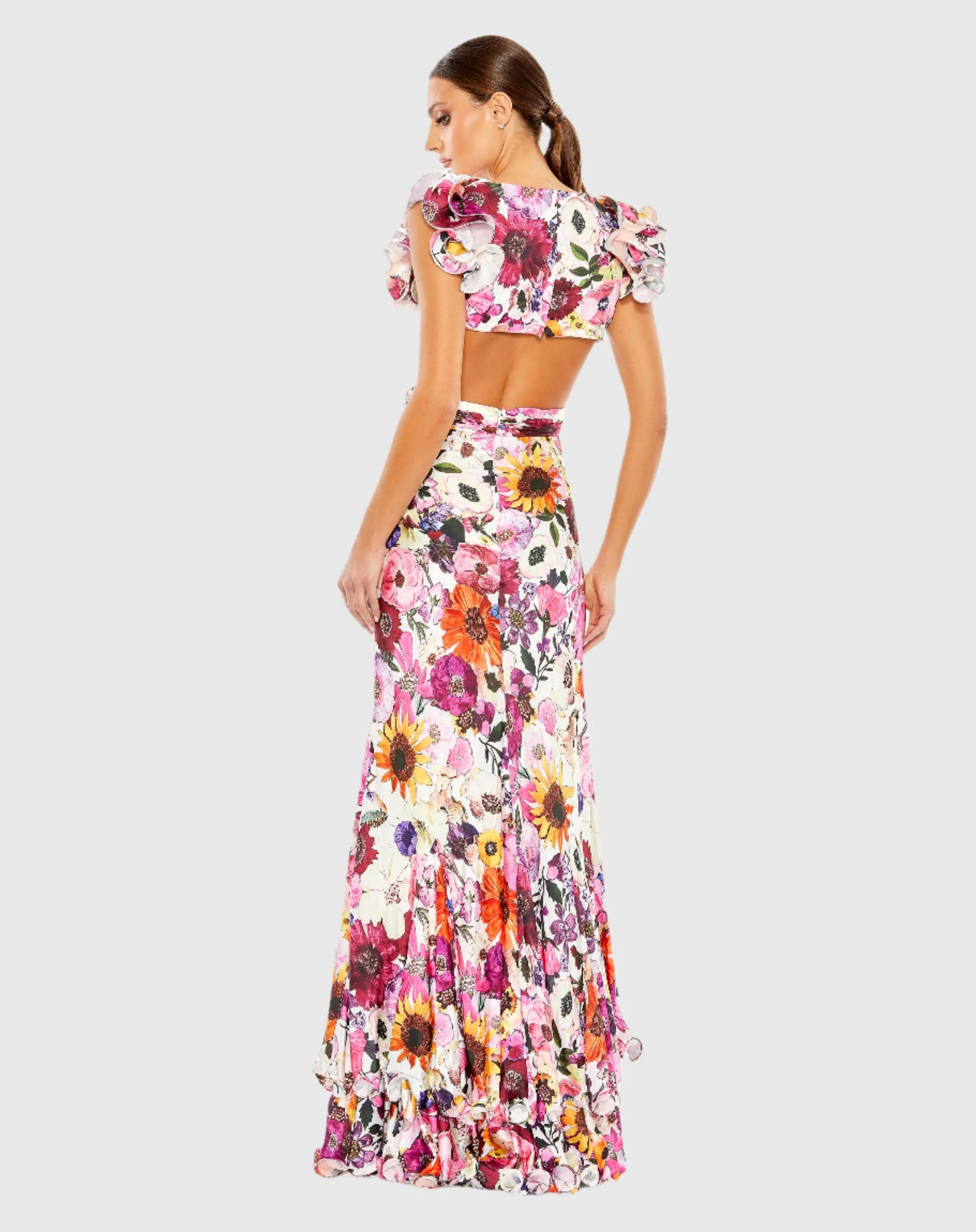 Floral Print Ruffle Shoulder Cut Out Gown