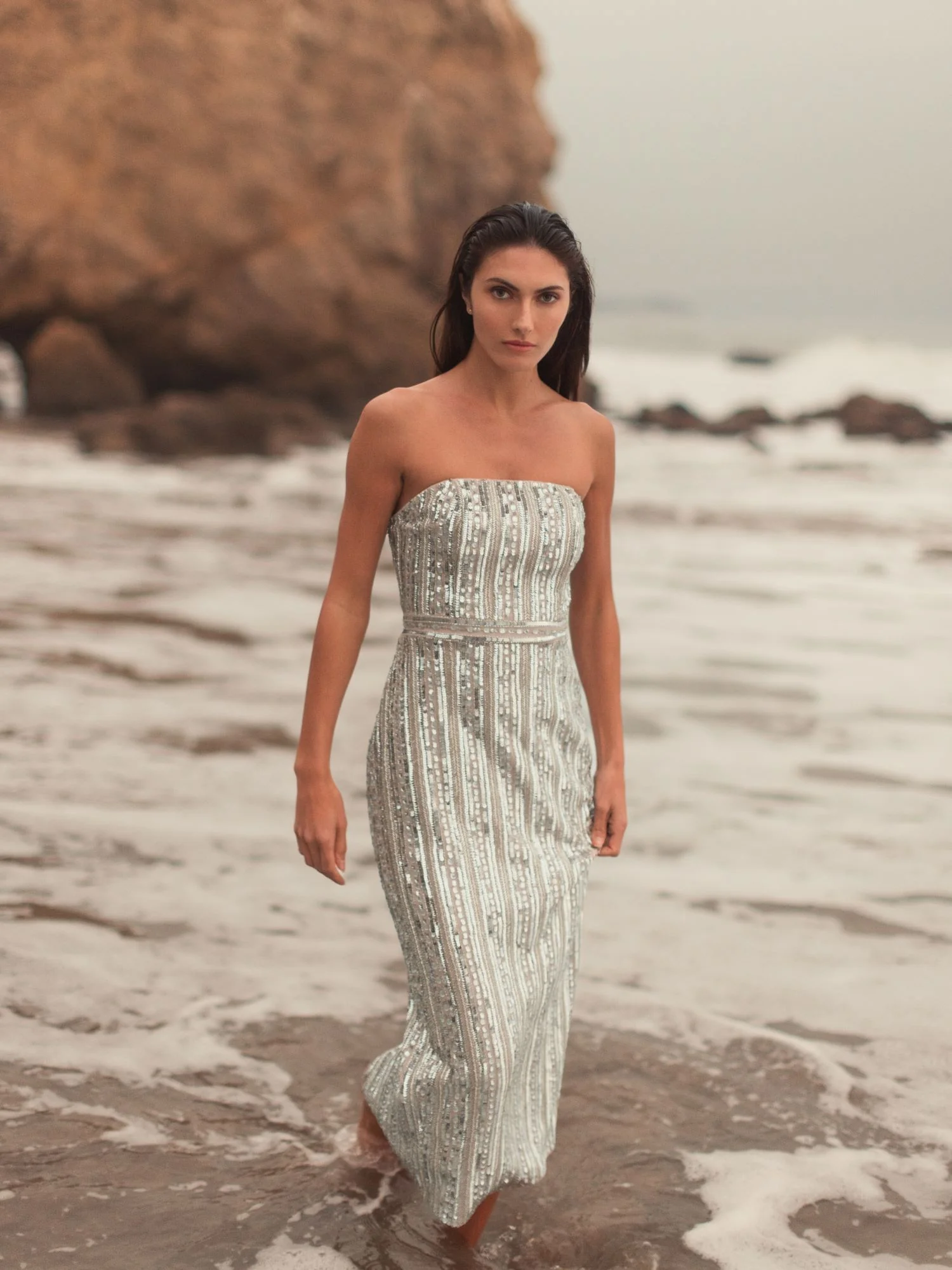 Silver and Beige Embellished Strapless Column Dress