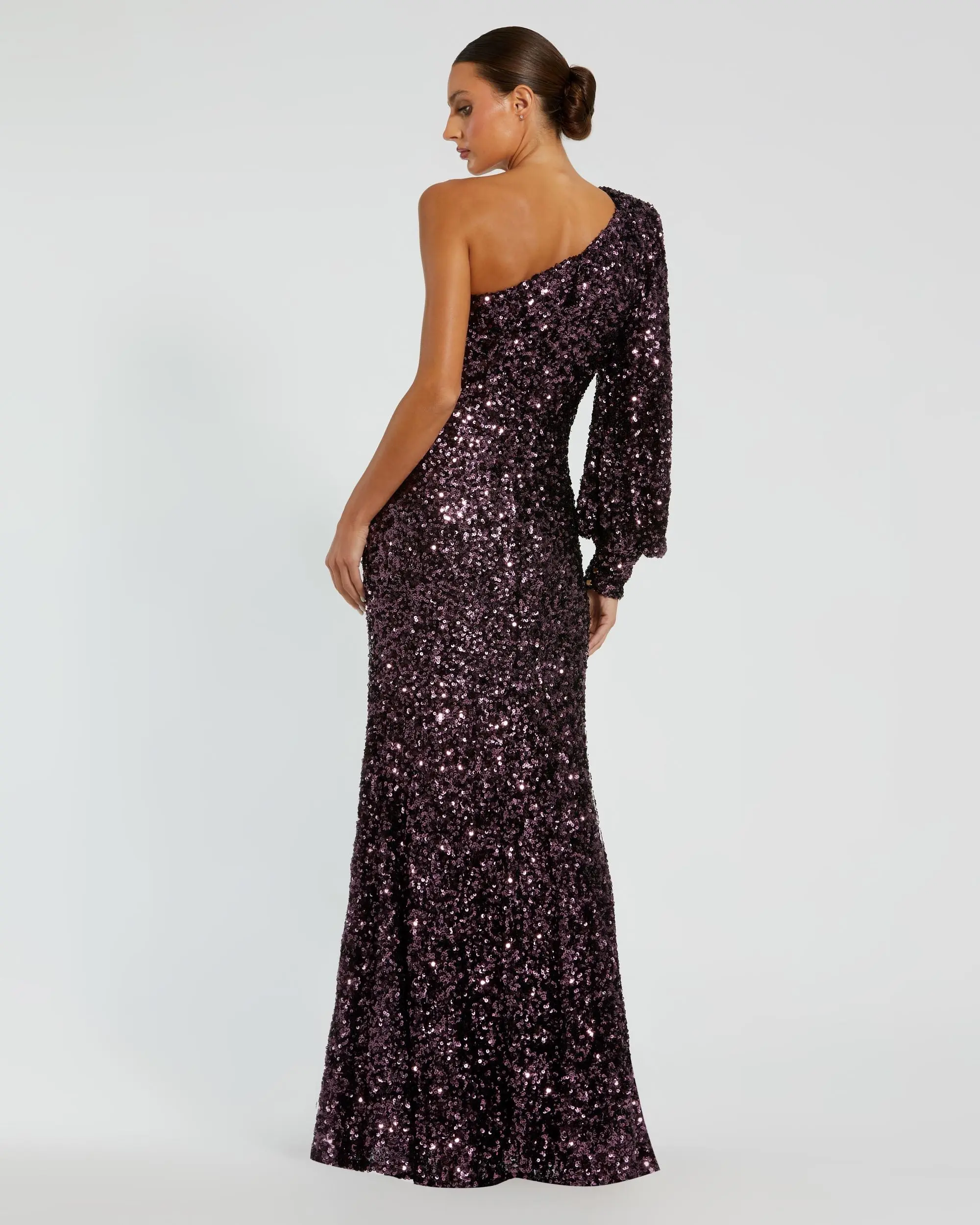 Purple Sequined One Shoulder Bishop Sleeve Trumpet Gown