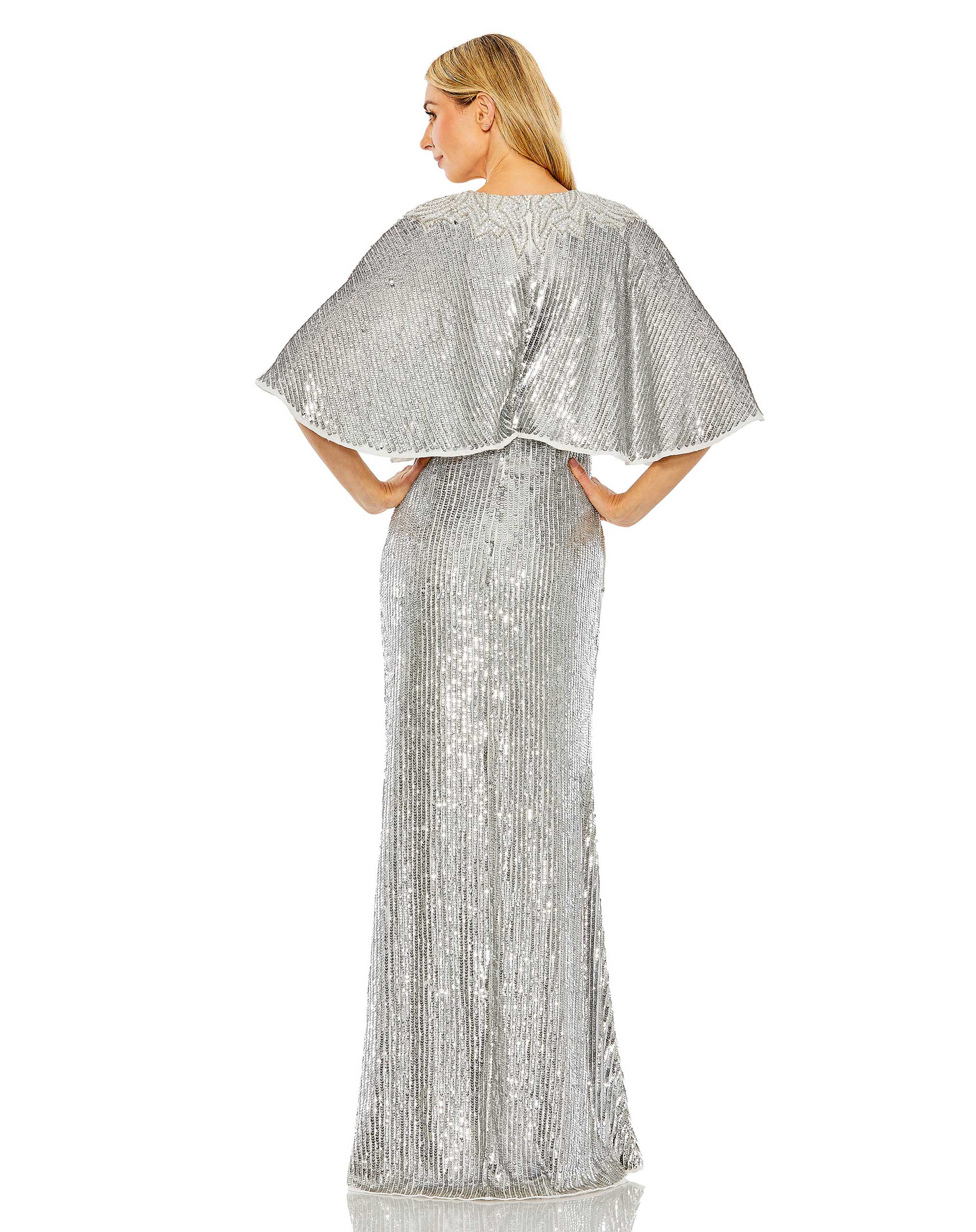 Sequined Beaded Neckline Cape Sleeve Gown | Sample | Sz. 4