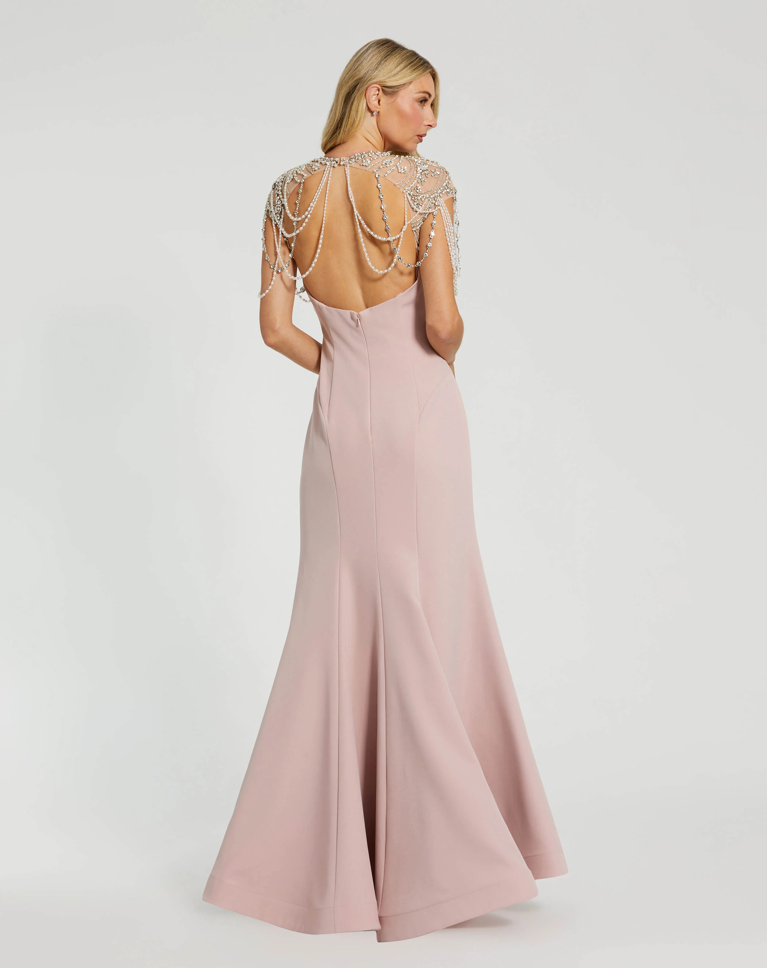 Pink Draped Pearl Beaded Mermaid Gown