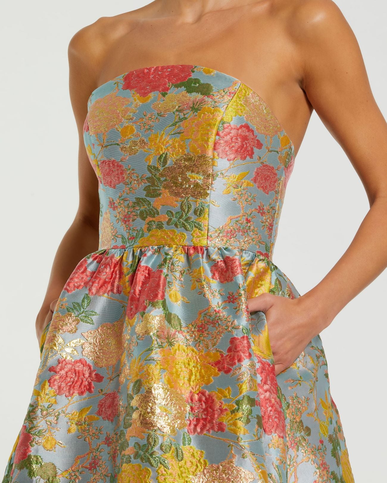 Multicolor Strapless Brocade Floral Gown With Ruffle Hem