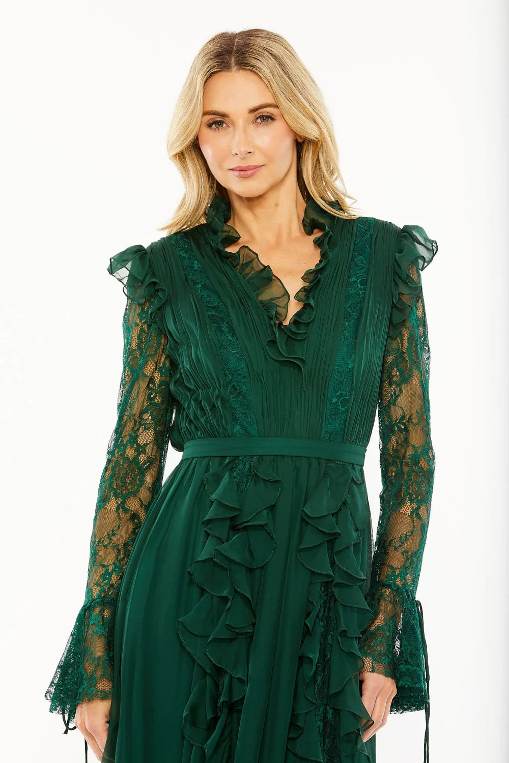 Long Lace Sleeve Ruffle Gown | Sample | Sz. 2