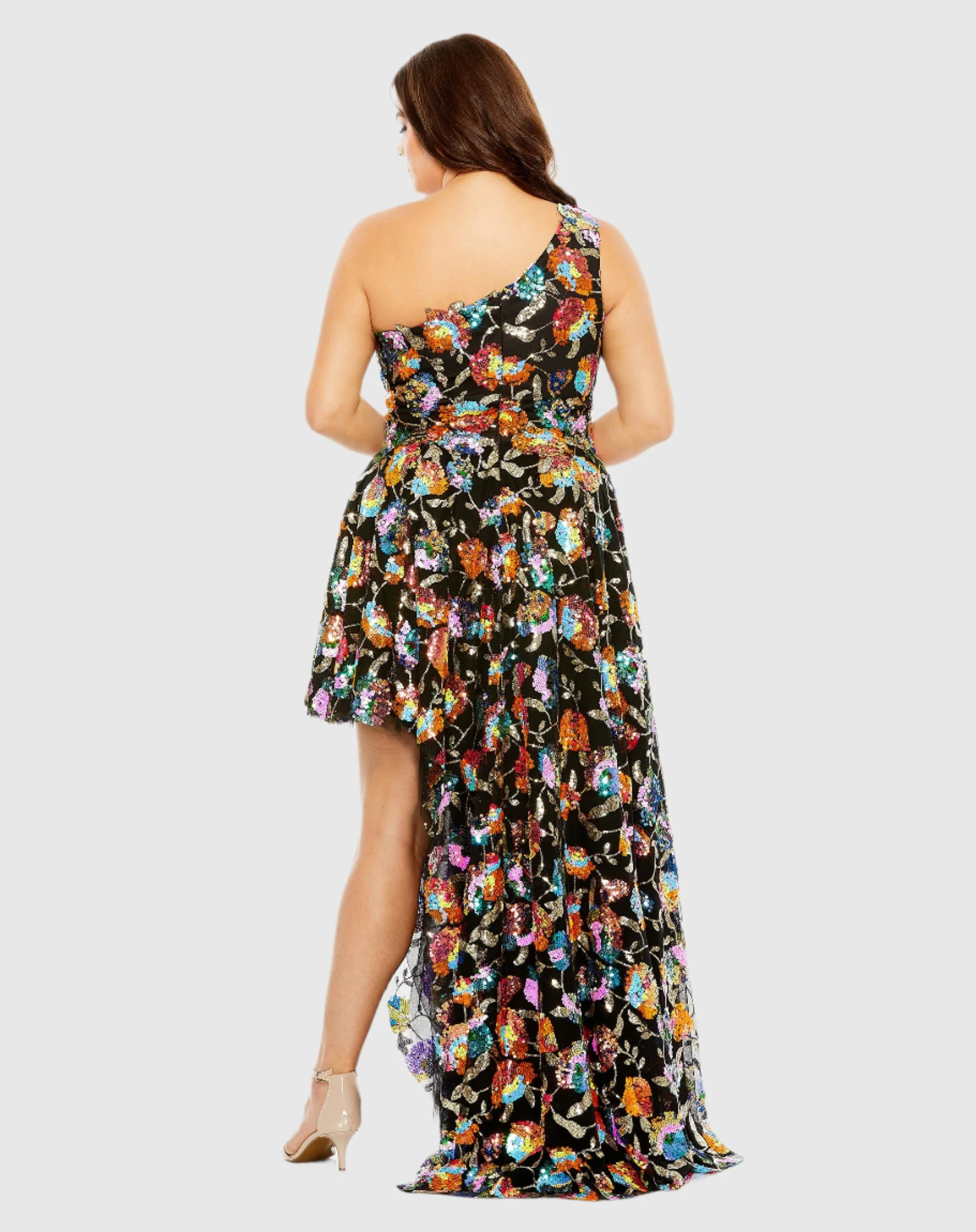 Sequin Embellished One Shoulder Asymmetrical Gown