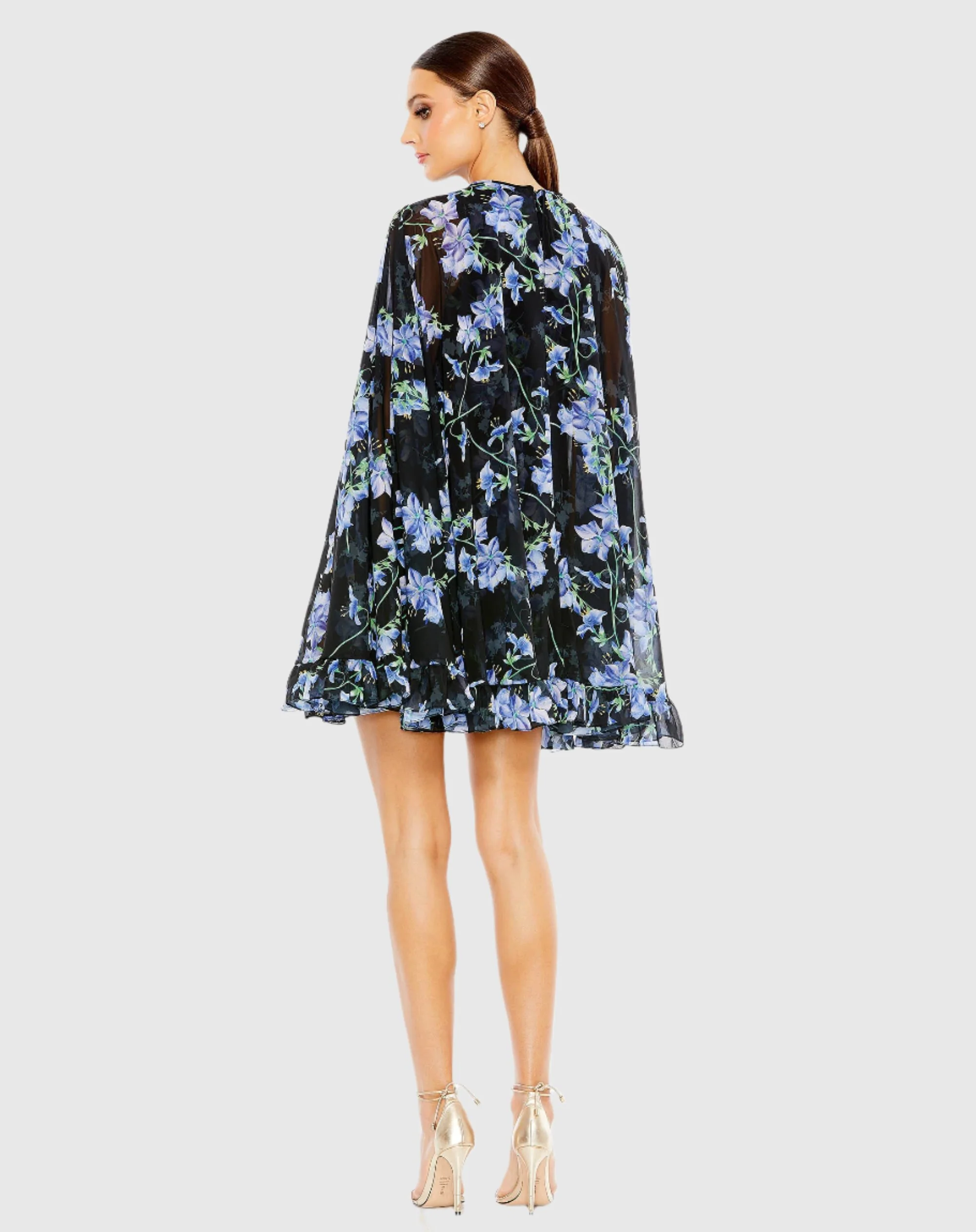 Black Floral Print High Neck Ruffle Hem Cape Mini Dress