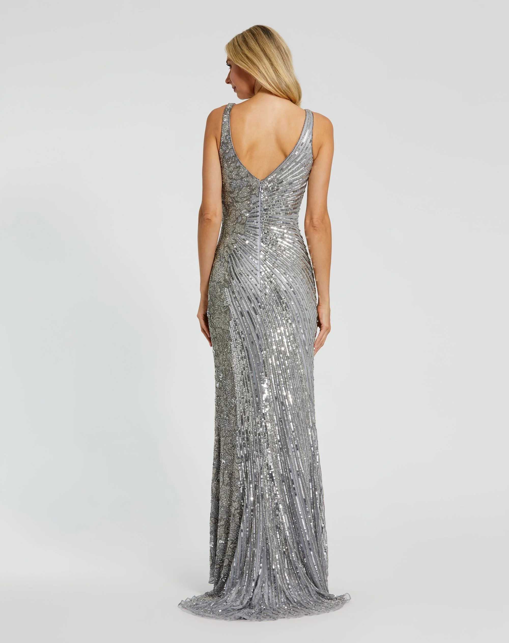 Silver Beaded Floral Sleeveless Gown