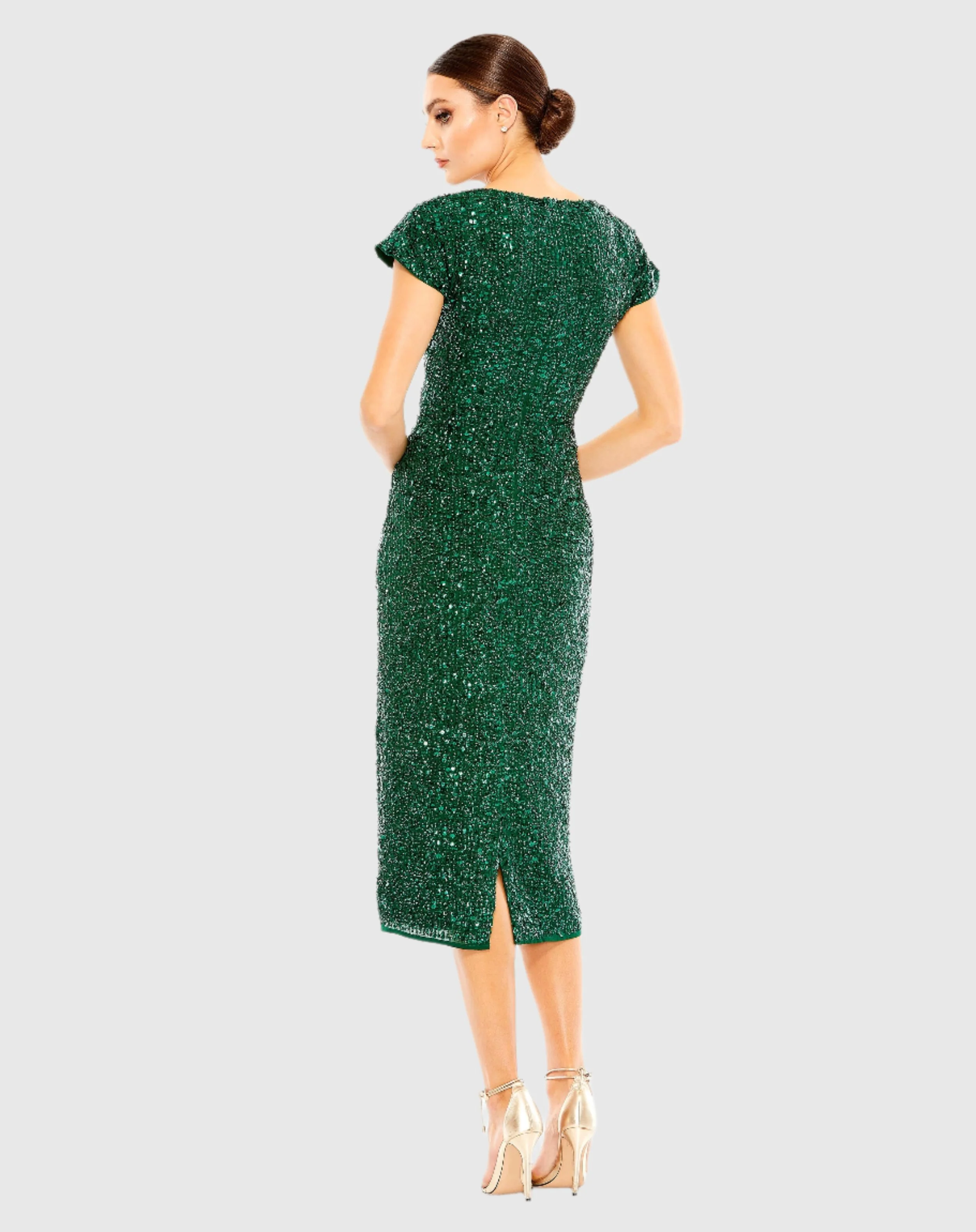 Dark Green Sequined Short Sleeve Wrap Over Cocktail Dress
