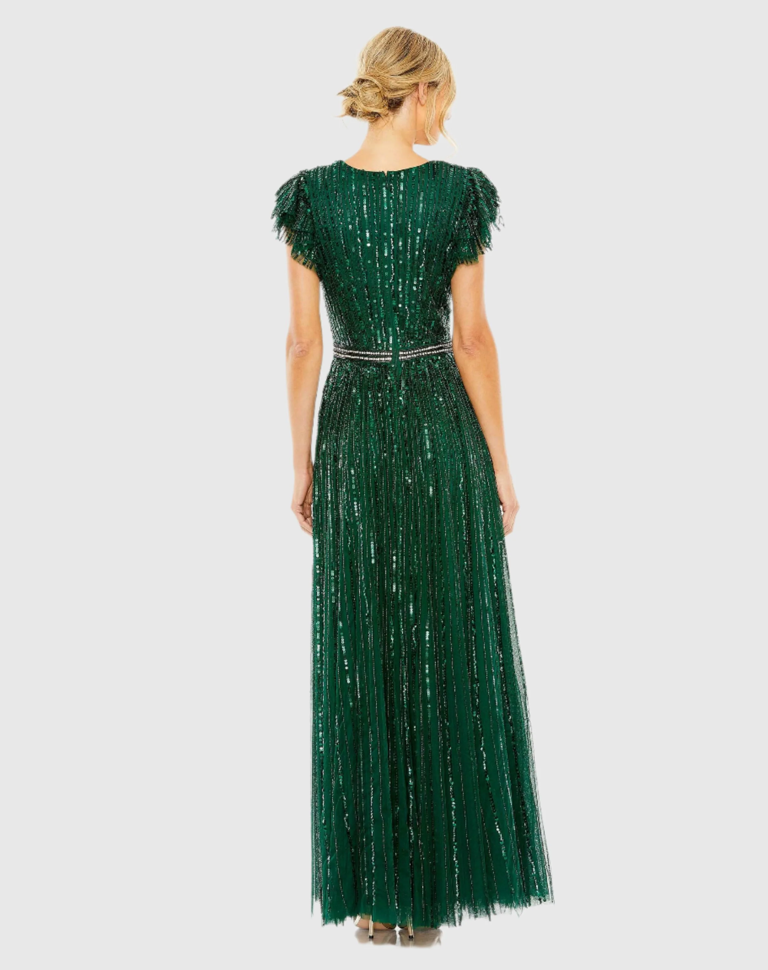Dark Green Sequined Wrap Over Ruffled Cap Sleeve Gown
