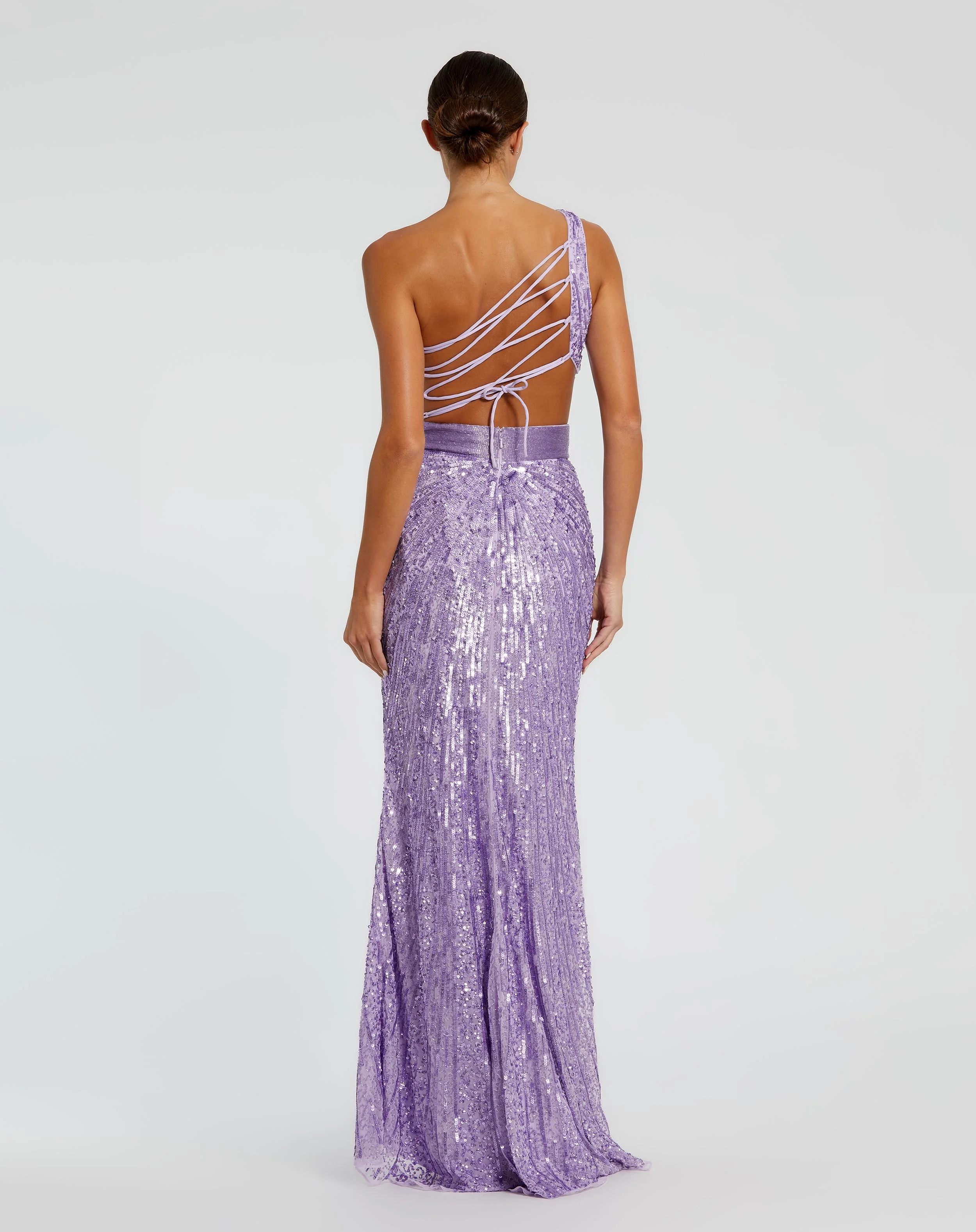 Purple Sequined One Shoulder Draped Lace Up Gown