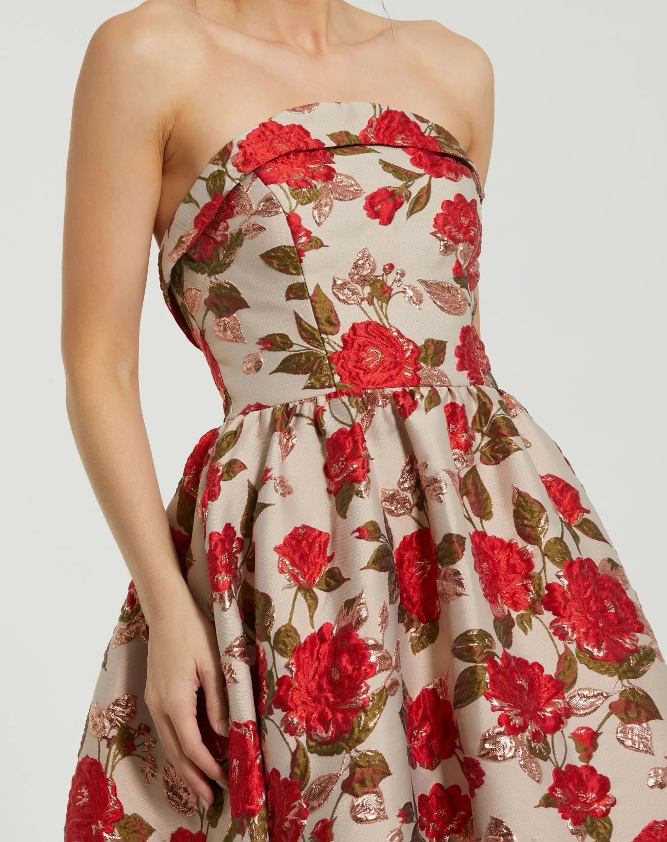 Brocade Strapless Floral Gown With Ruffle Hem
