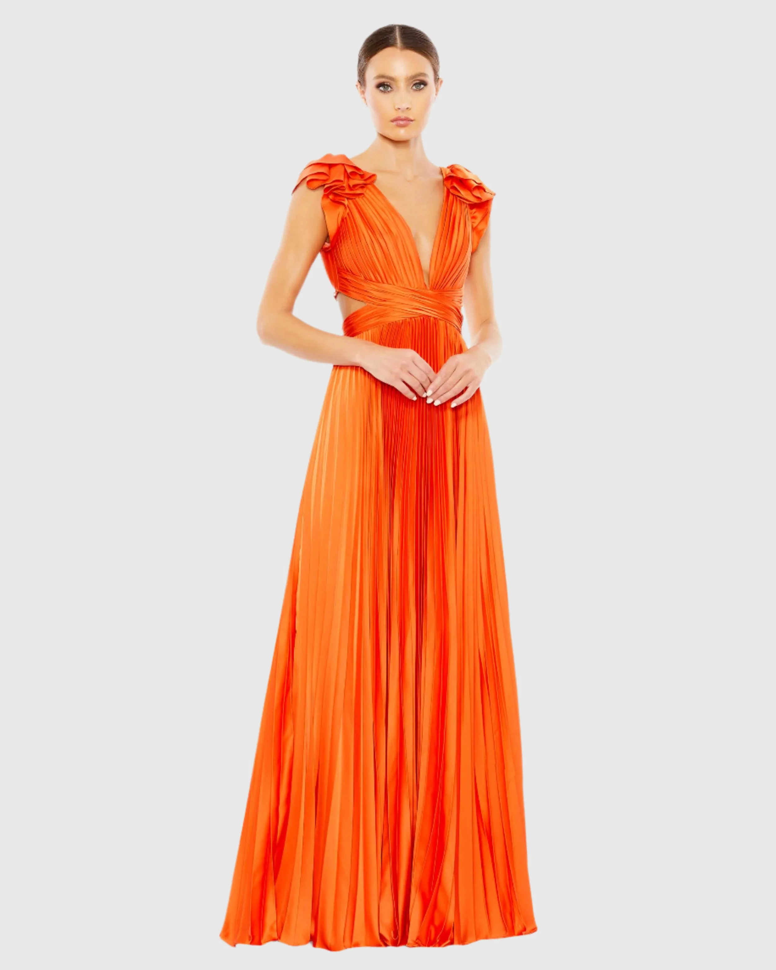 Orange Pleated Ruffled Cap Sleeve Cut Out Lace Up Gown