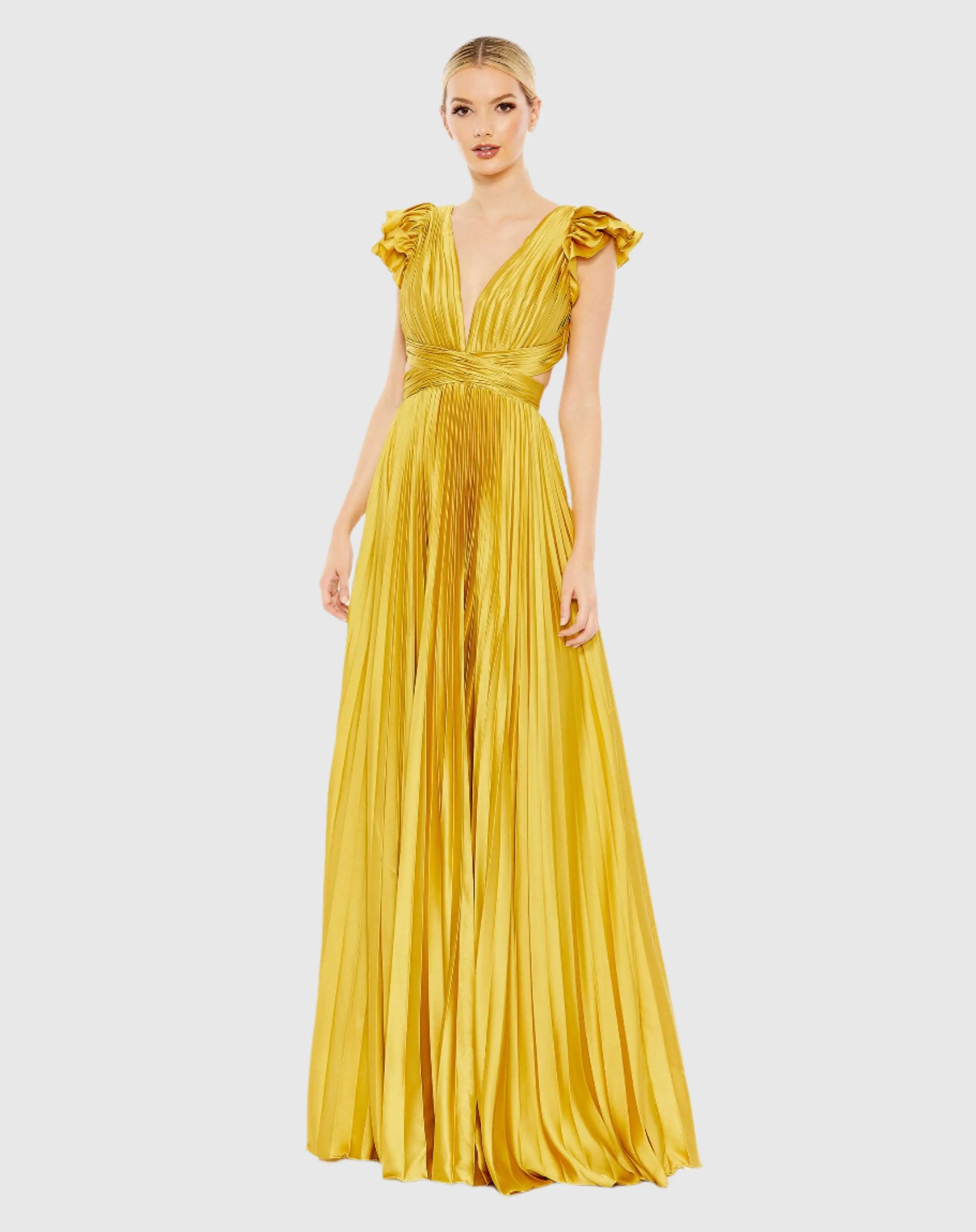Yellow Pleated Ruffled Cap Sleeve Cut Out Lace Up Gown - FINAL SALE